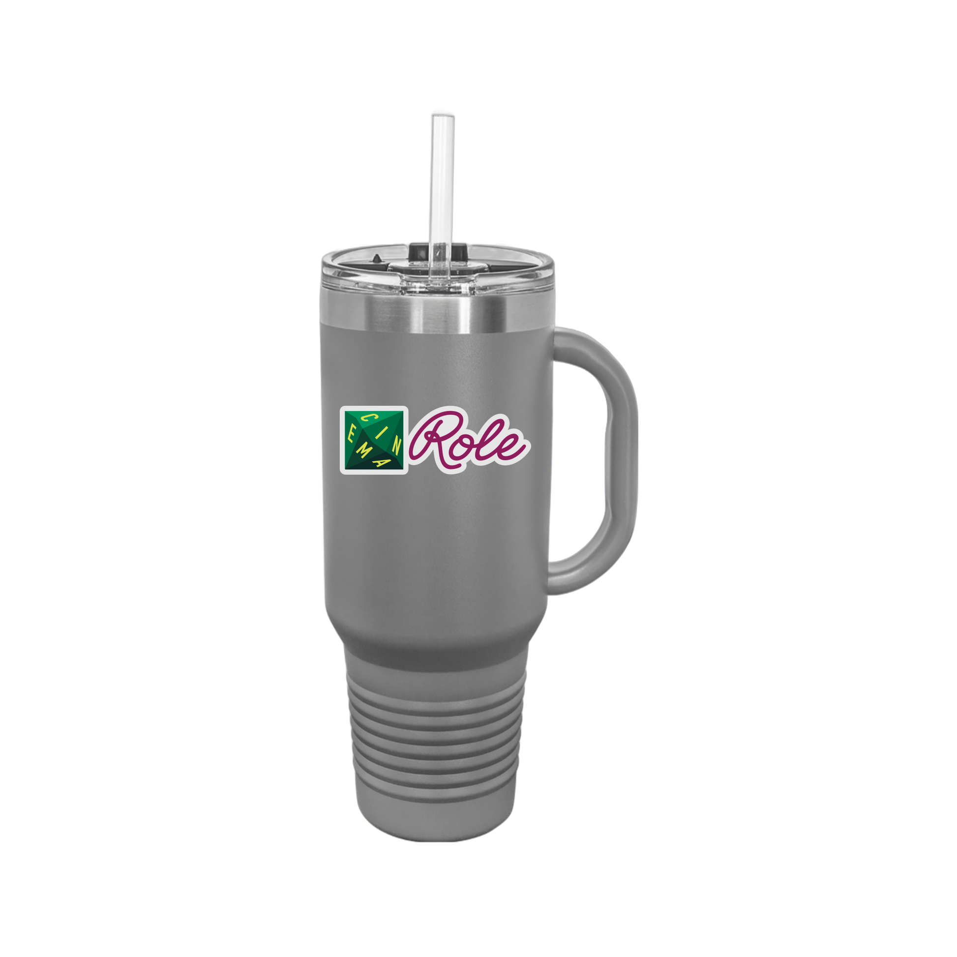 cinemarole-travel-mug-40oz-uv-drinkwarefront-40ozTravelMug-darkgray-flat-front