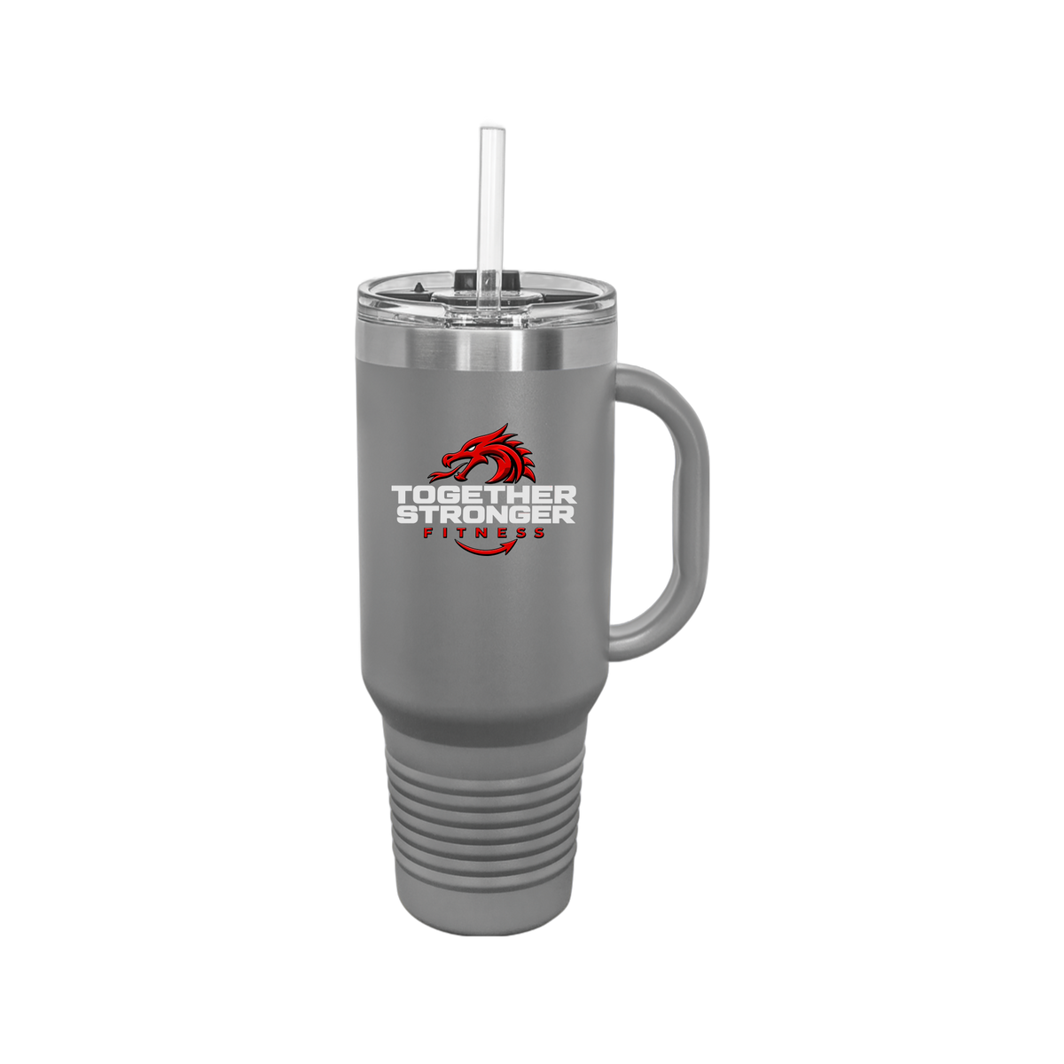 togetherstrongerfitness-travel-mug-40oz-uv-drinkwarefront-40ozTravelMug-darkgray-flat-front