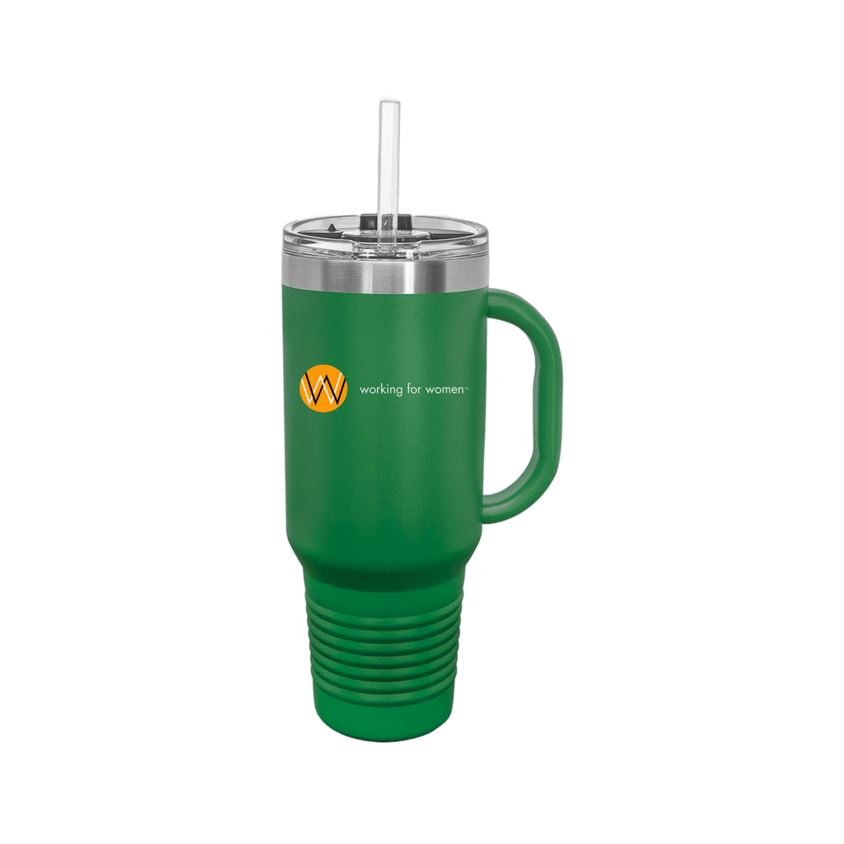 workingforwomen-travel-mug-40oz-uv-drinkwarefront-40ozTravelMug-green-flat-front