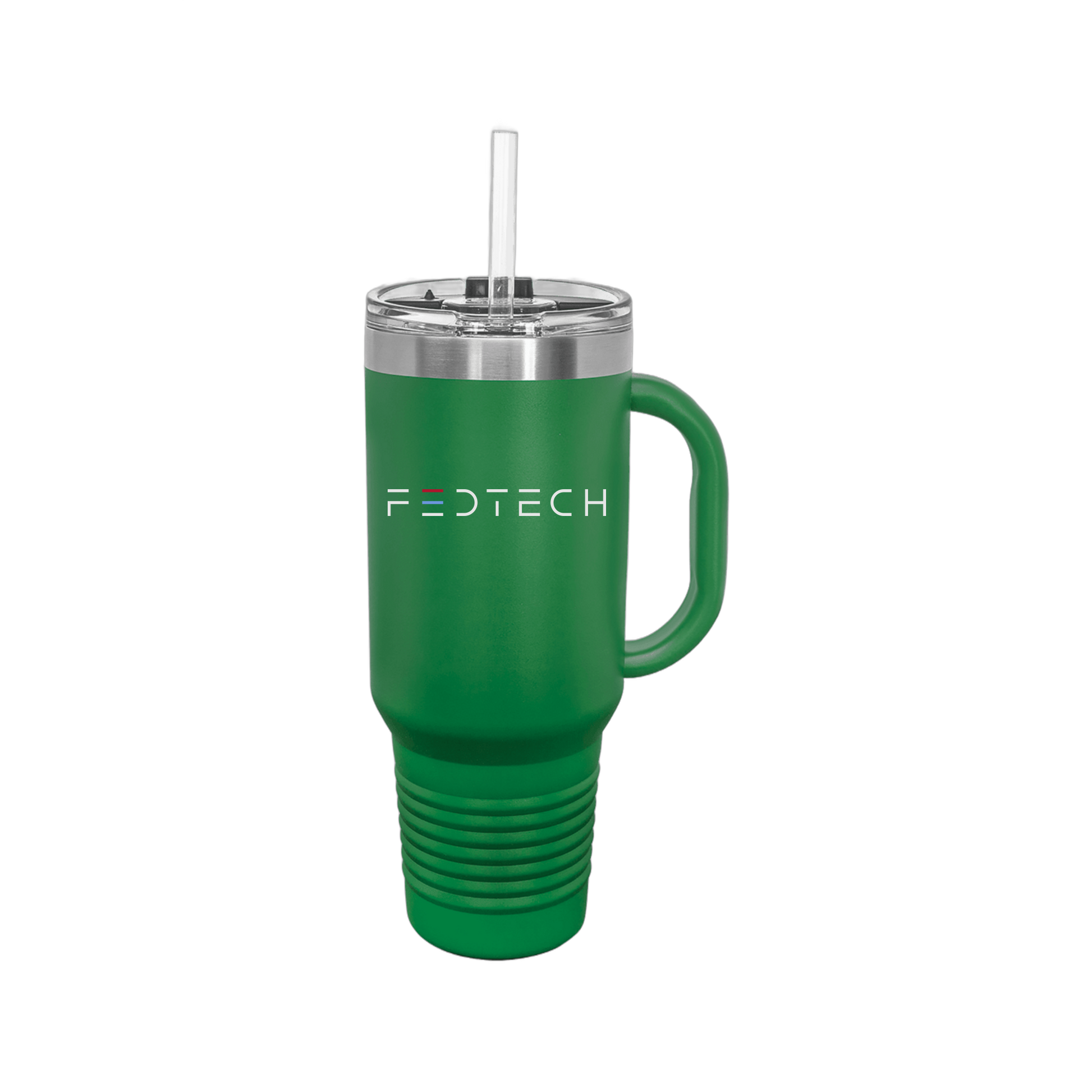fedtech-travel-mug-40oz-uv-drinkwarefront-40ozTravelMug-green-flat-front