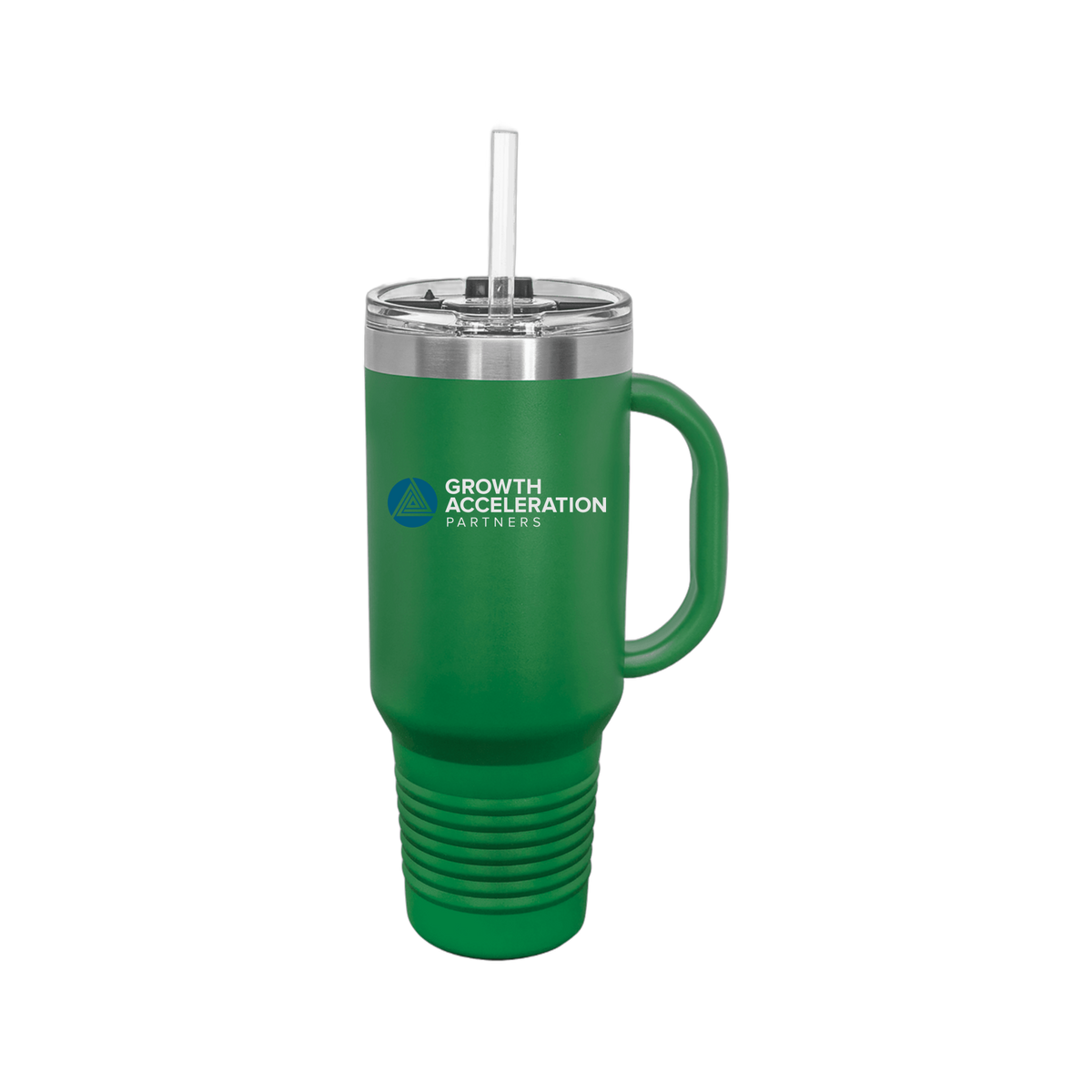growthaccelerationpartners-travel-mug-40oz-uv-drinkwarefront-40ozTravelMug-green-flat-front