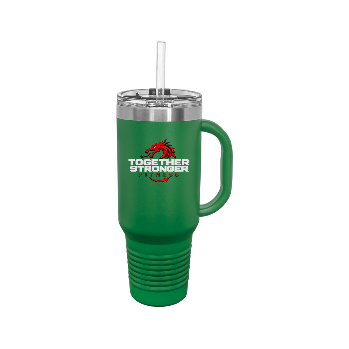 togetherstrongerfitness-travel-mug-40oz-uv-drinkwarefront-40ozTravelMug-green-flat-front