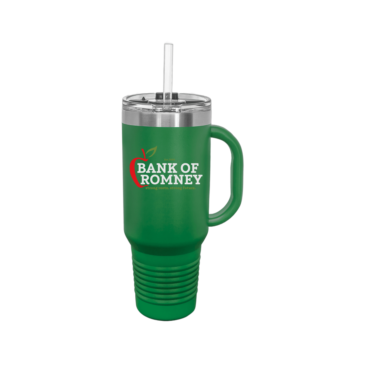 bankofromney-travel-mug-40oz-uv-drinkwarefront-40ozTravelMug-green-flat-front