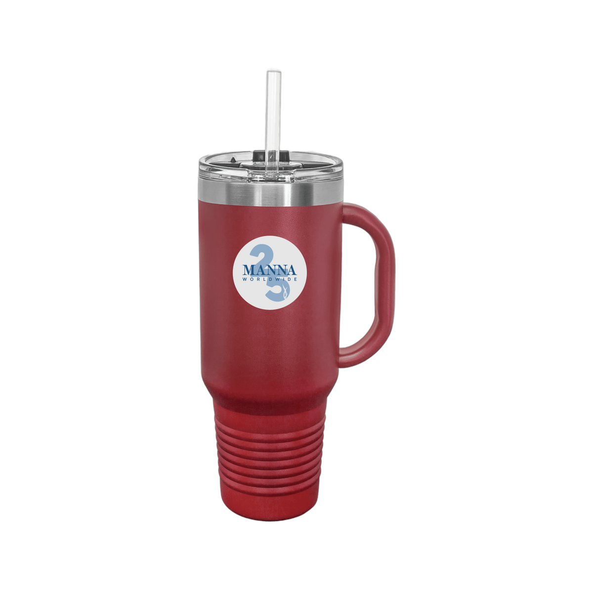 mannaworldwide-travel-mug-40oz-uv-drinkwarefront-40ozTravelMug-maroon-flat-front