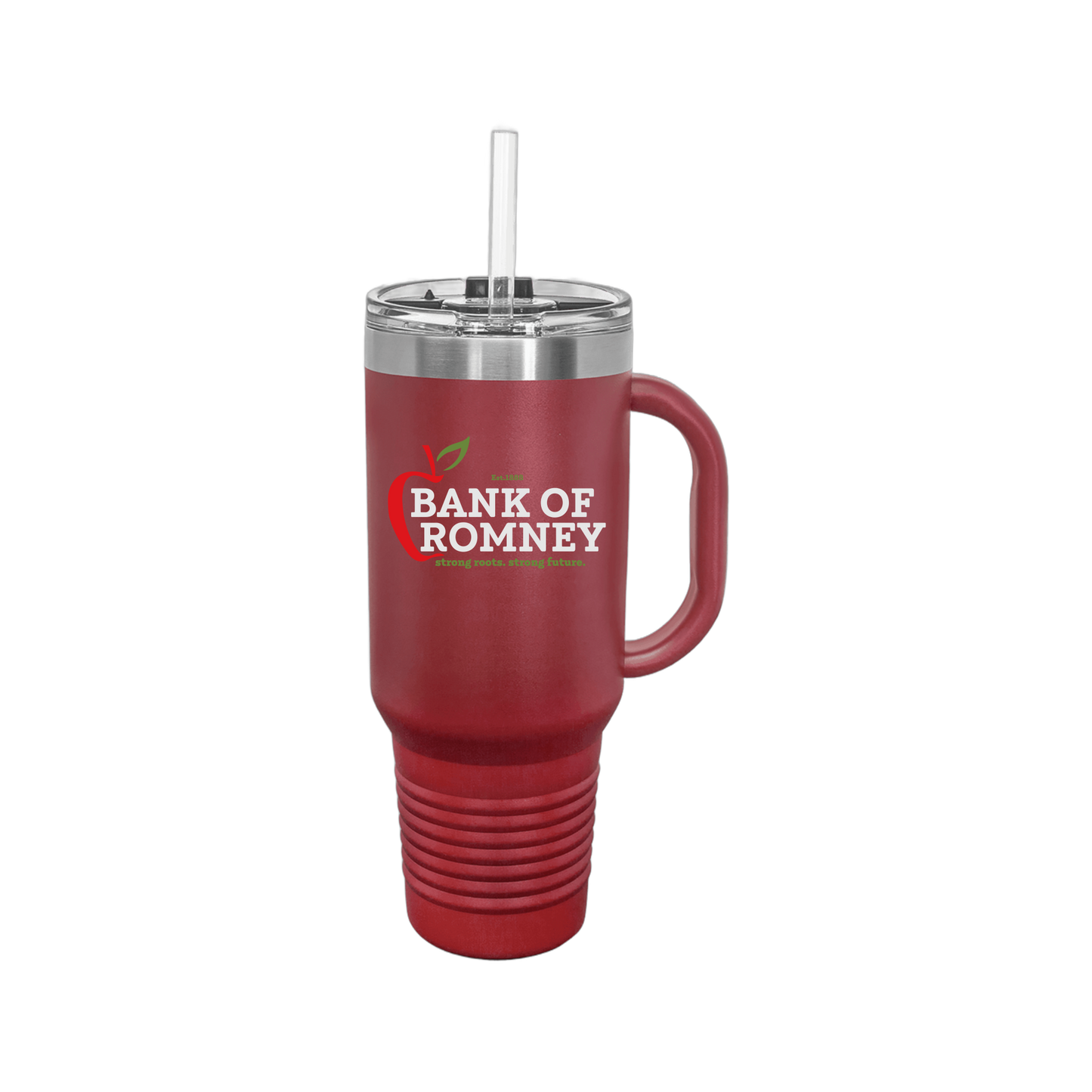 bankofromney-travel-mug-40oz-uv-drinkwarefront-40ozTravelMug-maroon-flat-front