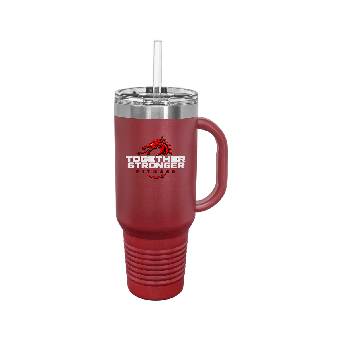 togetherstrongerfitness-travel-mug-40oz-uv-drinkwarefront-40ozTravelMug-maroon-flat-front
