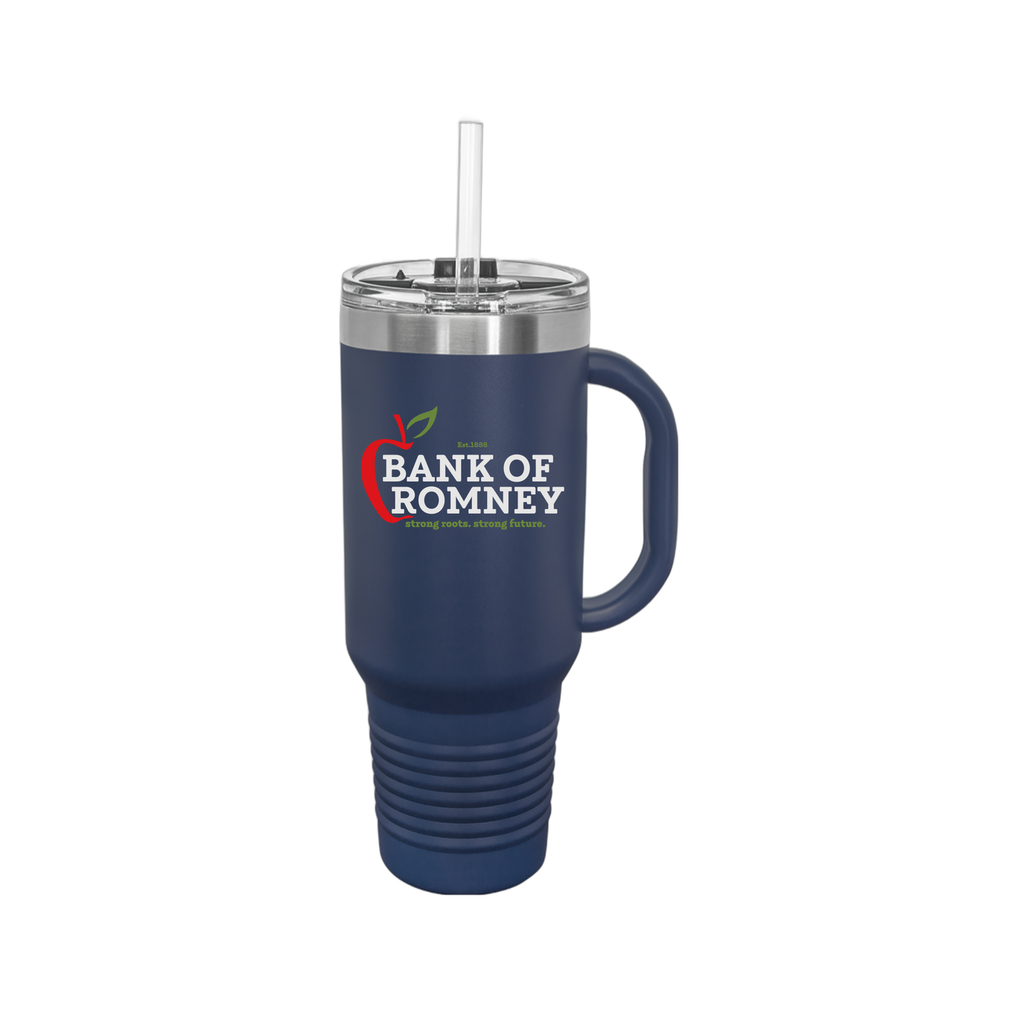 bankofromney-travel-mug-40oz-uv-drinkwarefront-40ozTravelMug-navyblue-flat-front