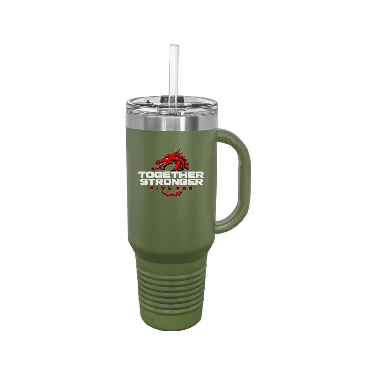 togetherstrongerfitness-travel-mug-40oz-uv-drinkwarefront-40ozTravelMug-olivegreen-flat-front