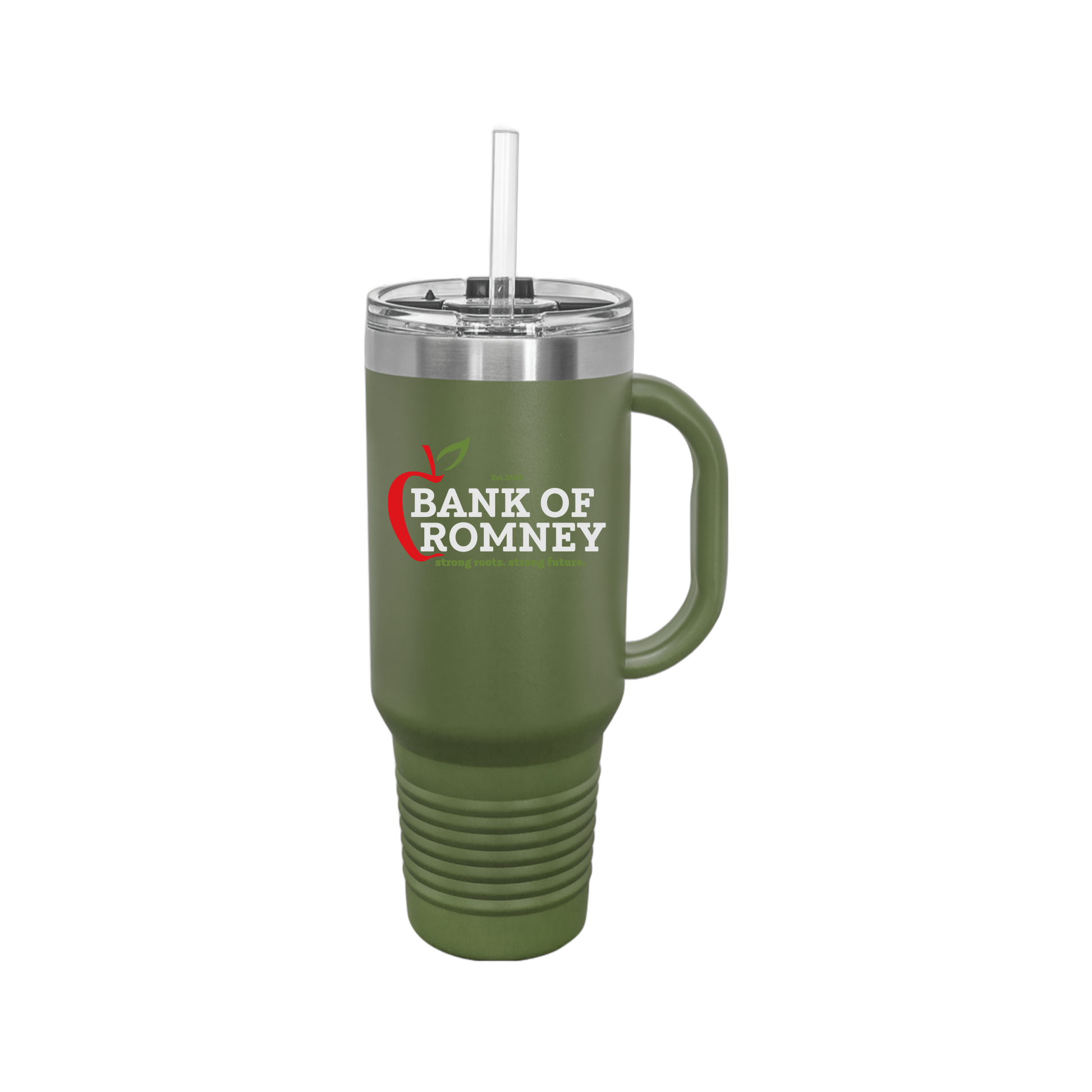 bankofromney-travel-mug-40oz-uv-drinkwarefront-40ozTravelMug-olivegreen-flat-front