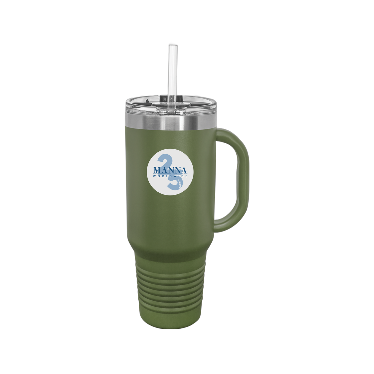 mannaworldwide-travel-mug-40oz-uv-drinkwarefront-40ozTravelMug-olivegreen-flat-front