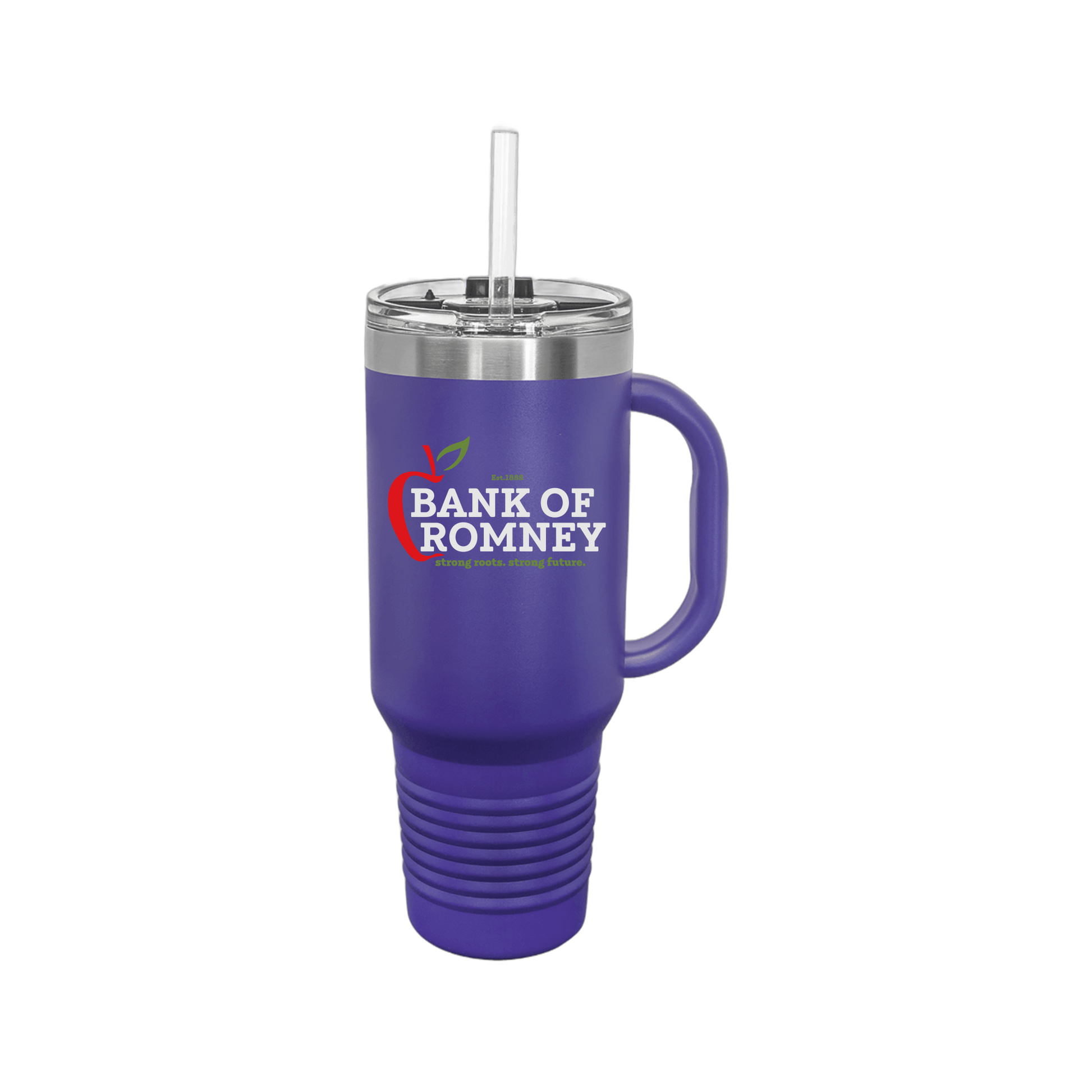 bankofromney-travel-mug-40oz-uv-drinkwarefront-40ozTravelMug-purple-flat-front