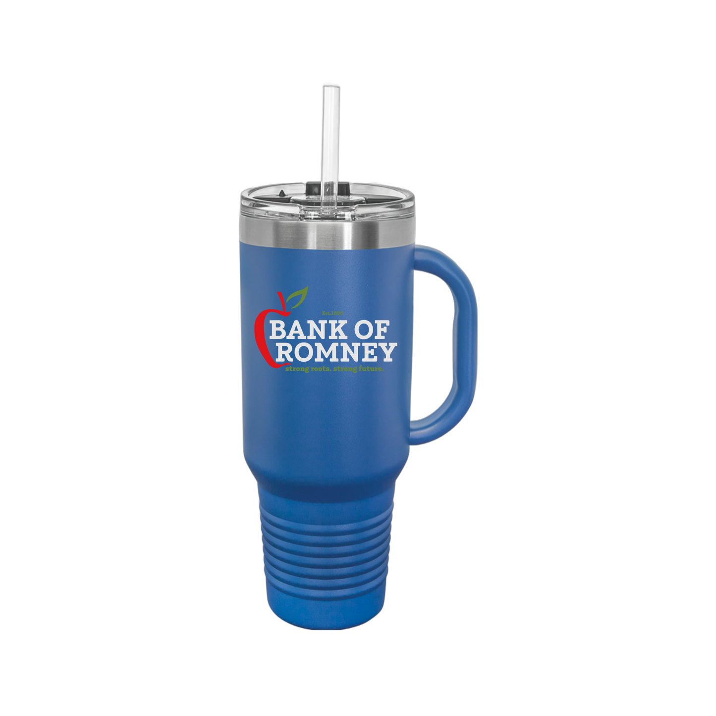 bankofromney-travel-mug-40oz-uv-drinkwarefront-40ozTravelMug-royalblue-flat-front