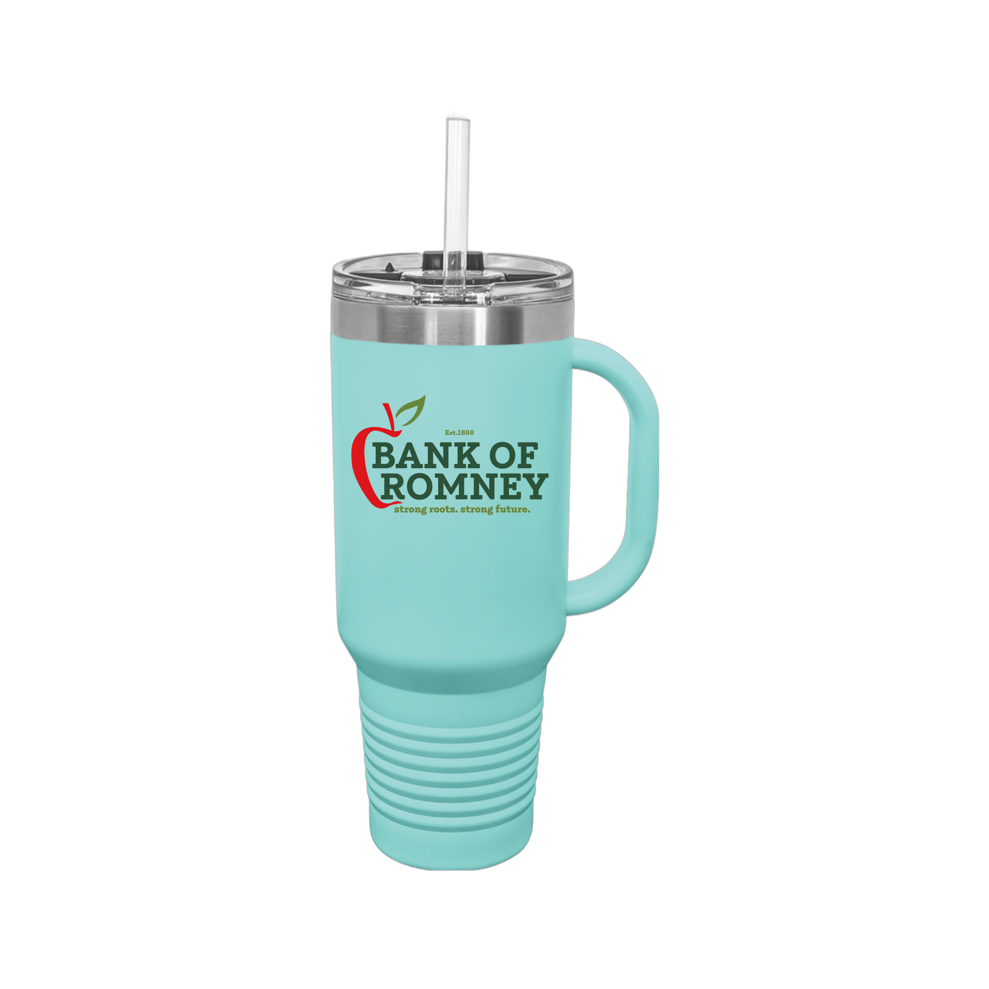 bankofromney-travel-mug-40oz-uv-drinkwarefront-40ozTravelMug-teal-flat-front