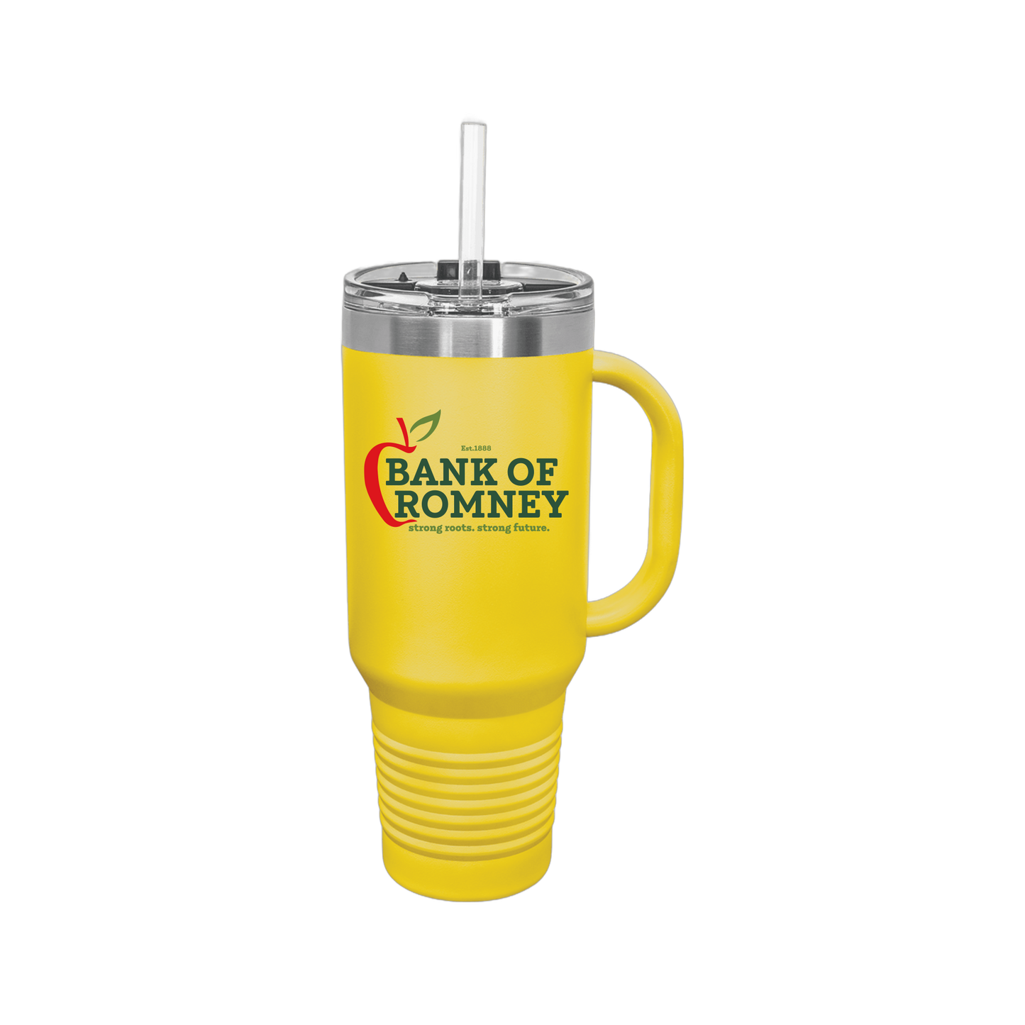 bankofromney-travel-mug-40oz-uv-drinkwarefront-40ozTravelMug-yellow-flat-front