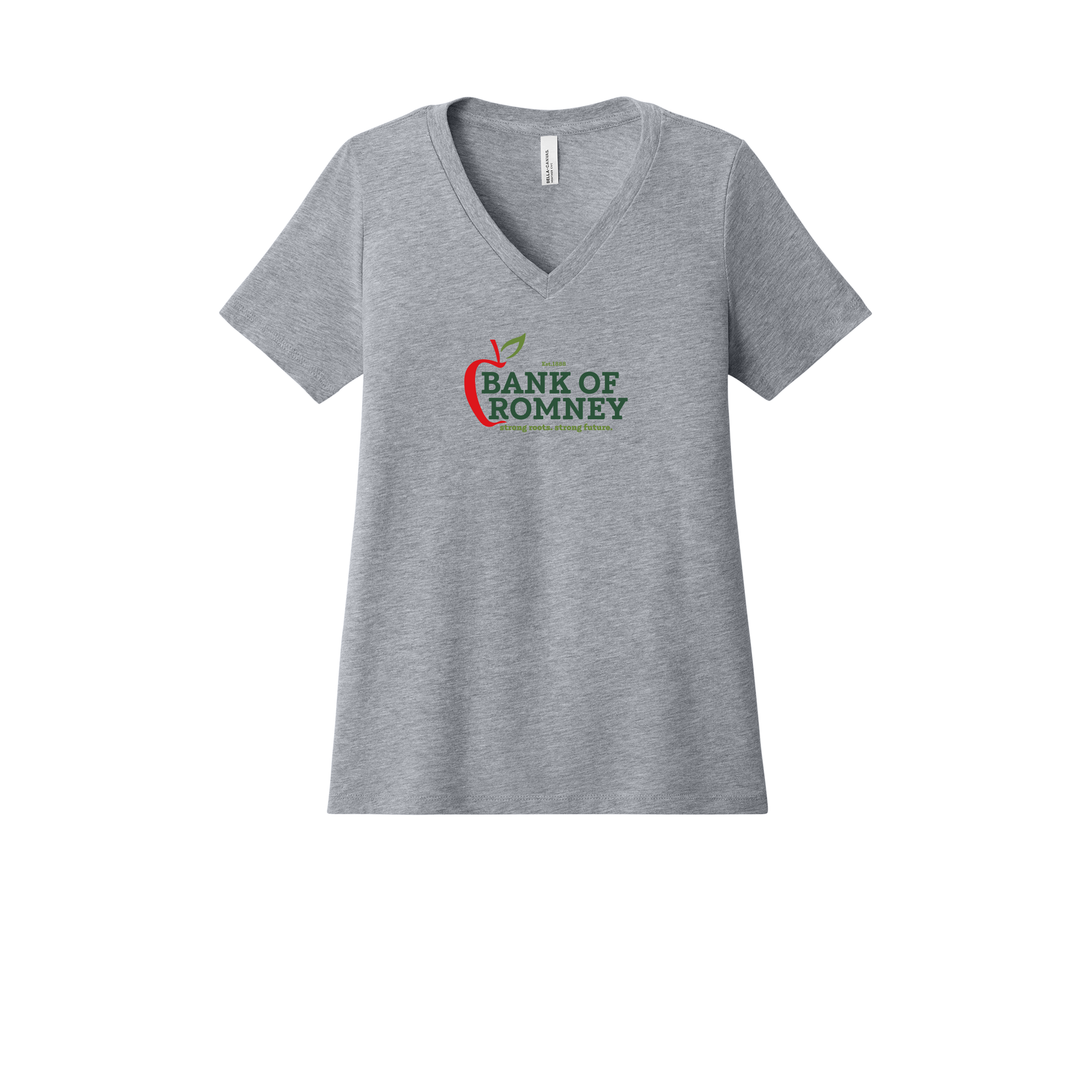 bankofromney-womens-relaxed-v-neck-tee-dtf-front-6405CVC-athleticheather-flat-front