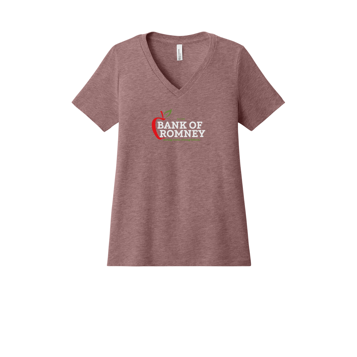 bankofromney-womens-relaxed-v-neck-tee-dtf-front-6405CVC-heathermauve-flat-front