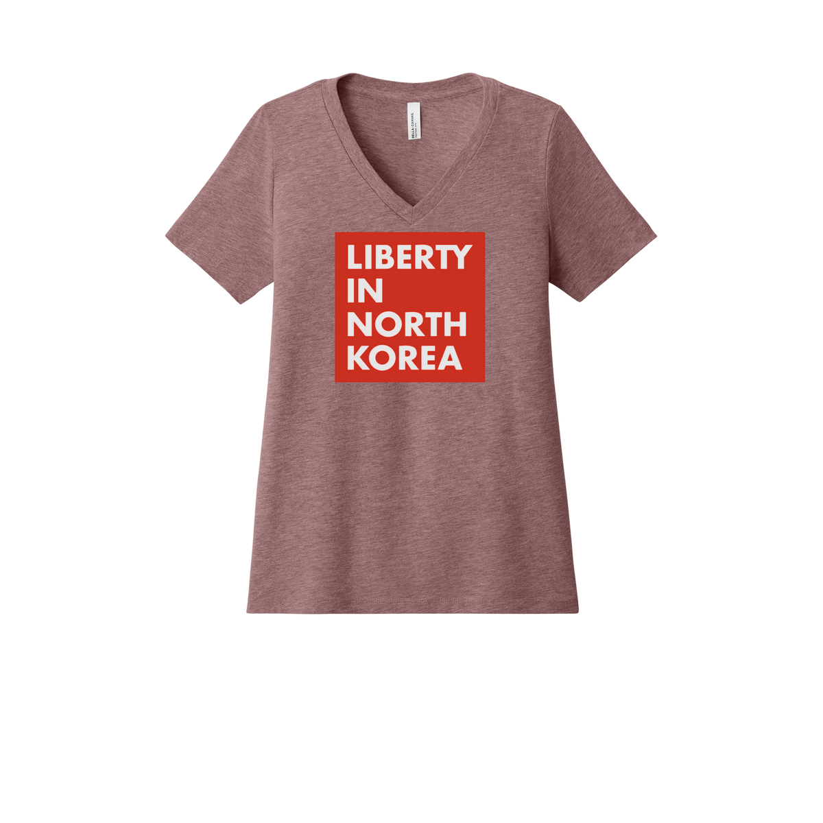 libertyinnorthkorea-womens-relaxed-v-neck-tee-dtf-front-6405CVC-heathermauve-flat-front