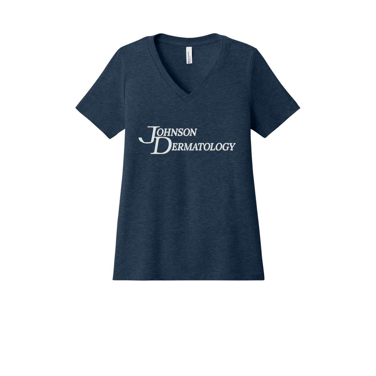 johnsondermatology-womens-relaxed-v-neck-tee-dtf-front-6405CVC-heathernavy-flat-front