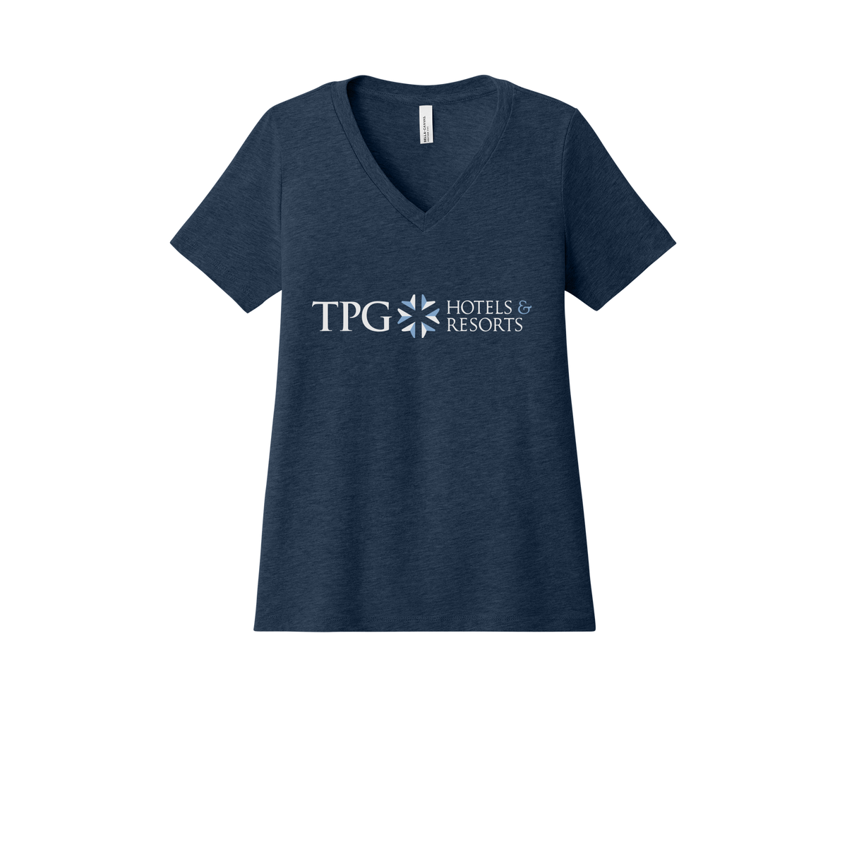 tpghotelsandresorts-womens-relaxed-v-neck-tee-dtf-front-6405CVC-heathernavy-flat-front