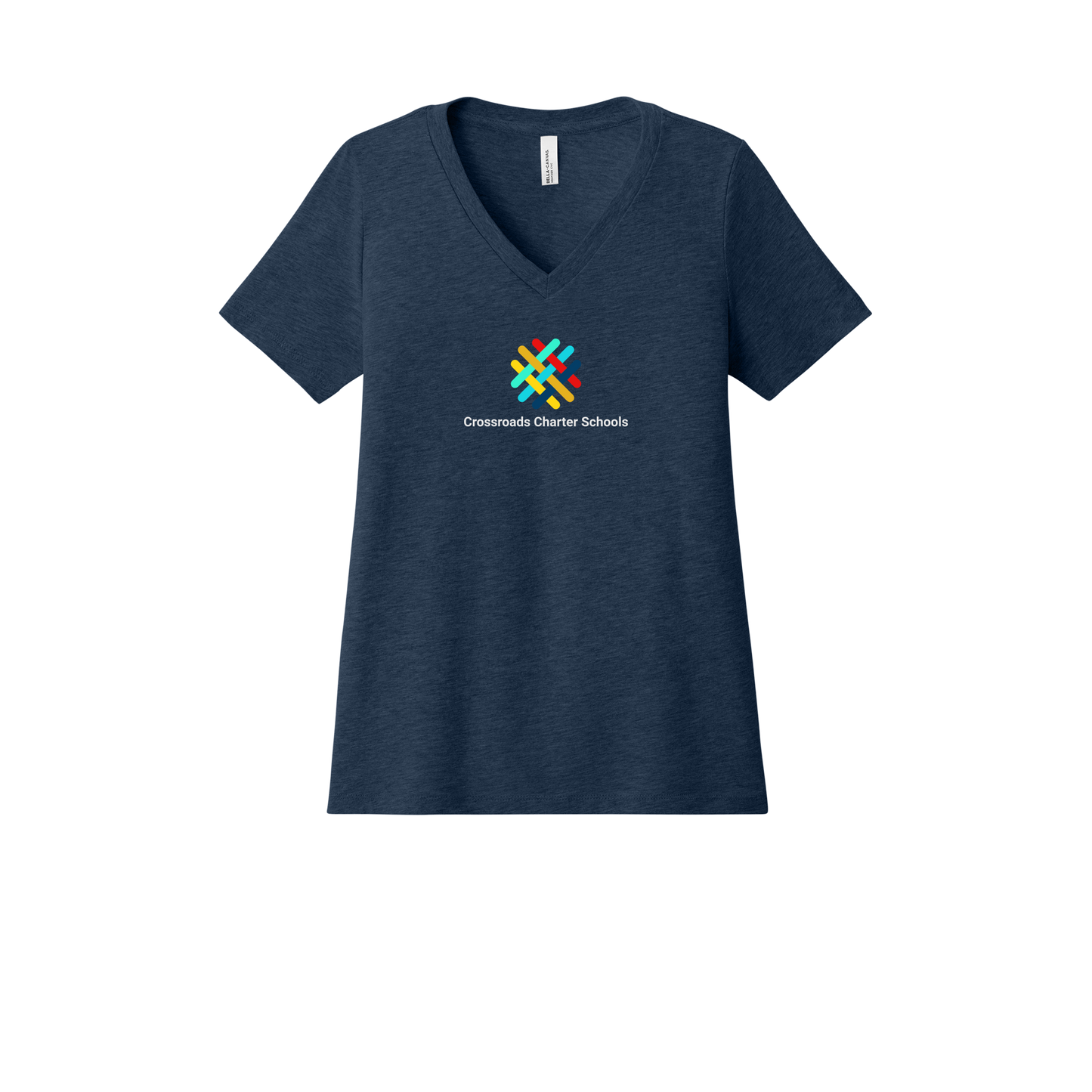 crossroadsschoolskc-womens-relaxed-v-neck-tee-dtf-front-6405CVC-heathernavy-flat-front
