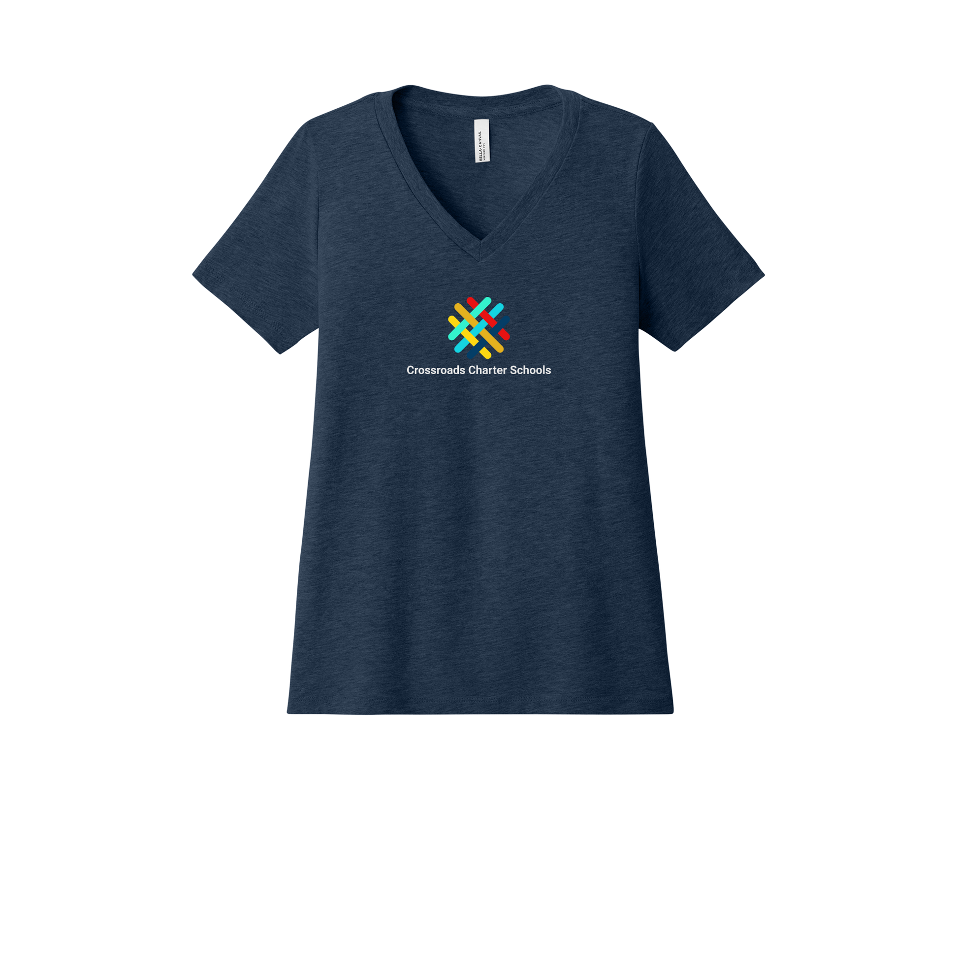 crossroadsschoolskc-womens-relaxed-v-neck-tee-dtf-front-6405CVC-heathernavy-flat-front