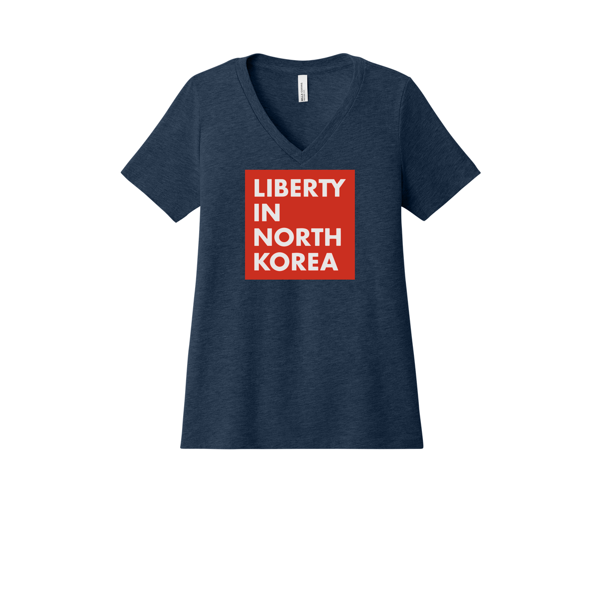 libertyinnorthkorea-womens-relaxed-v-neck-tee-dtf-front-6405CVC-heathernavy-flat-front