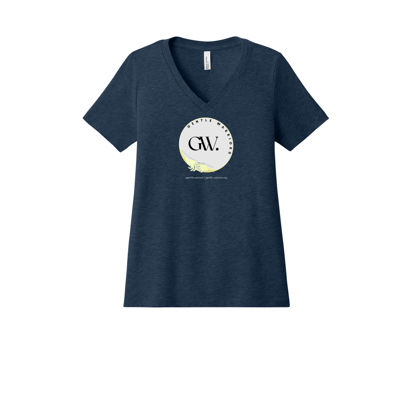 gentle-warriors-womens-relaxed-v-neck-tee-dtf-front-6405CVC-heathernavy-flat-front