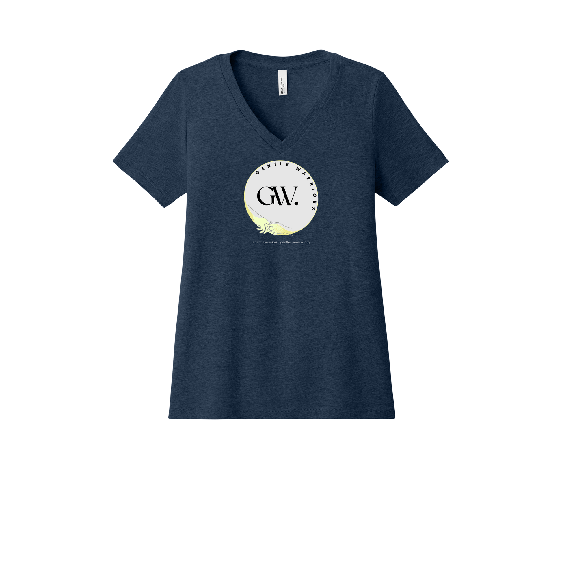 gentle-warriors-womens-relaxed-v-neck-tee-dtf-front-6405CVC-heathernavy-flat-front