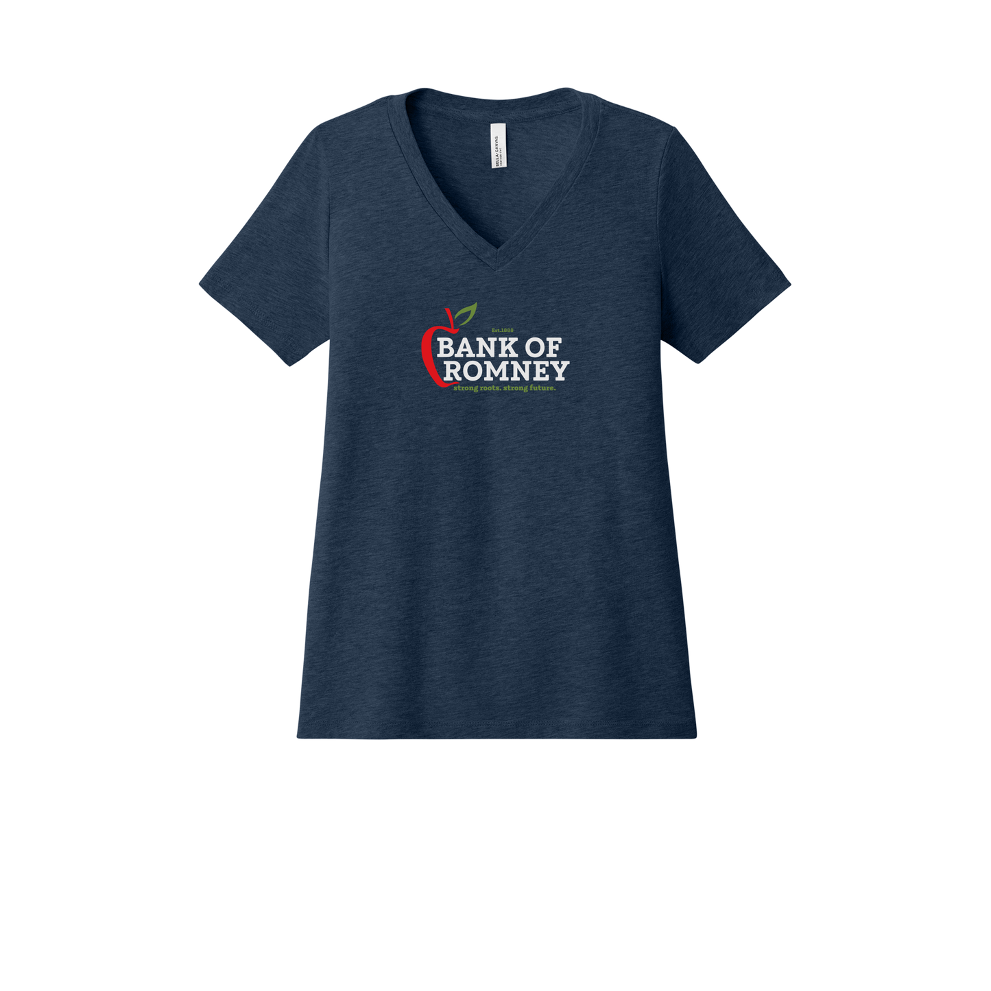 bankofromney-womens-relaxed-v-neck-tee-dtf-front-6405CVC-heathernavy-flat-front