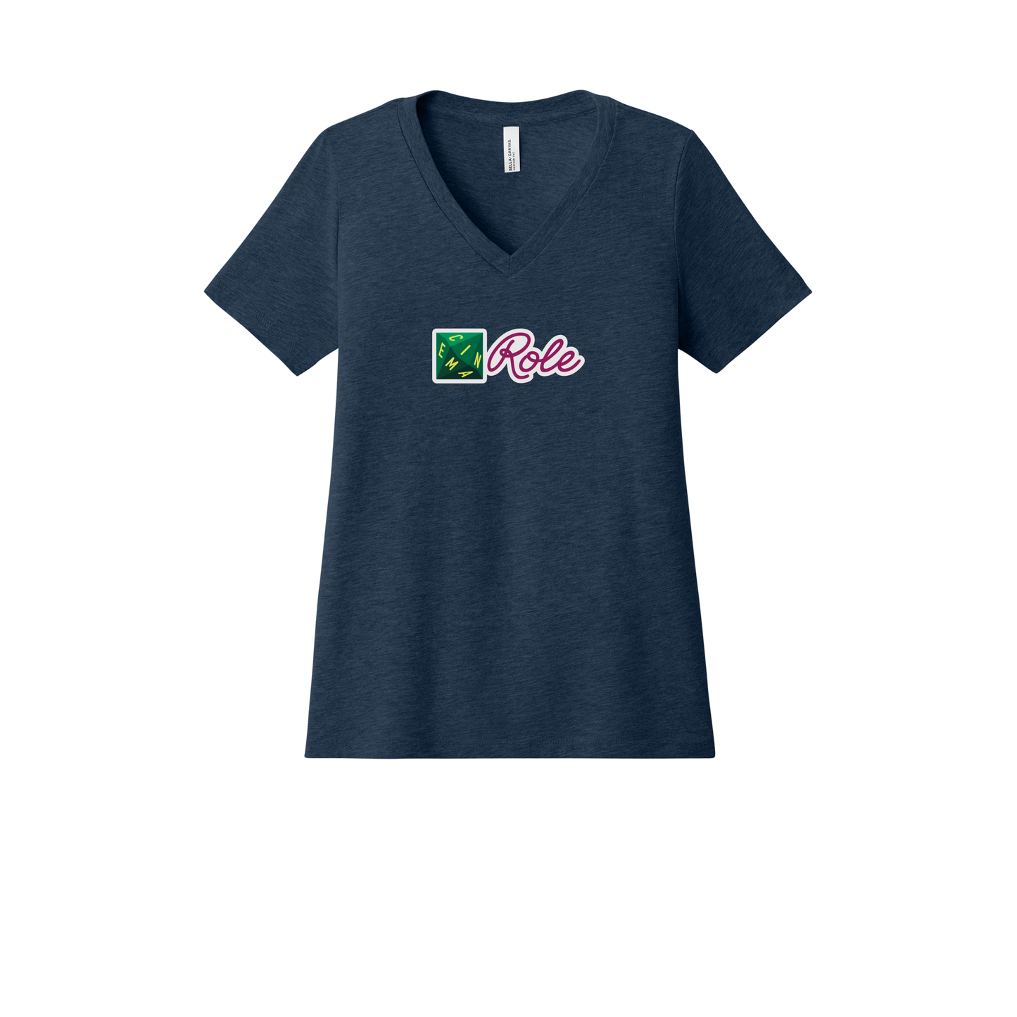 cinemarole-womens-relaxed-v-neck-tee-dtf-front-6405CVC-heathernavy-flat-front