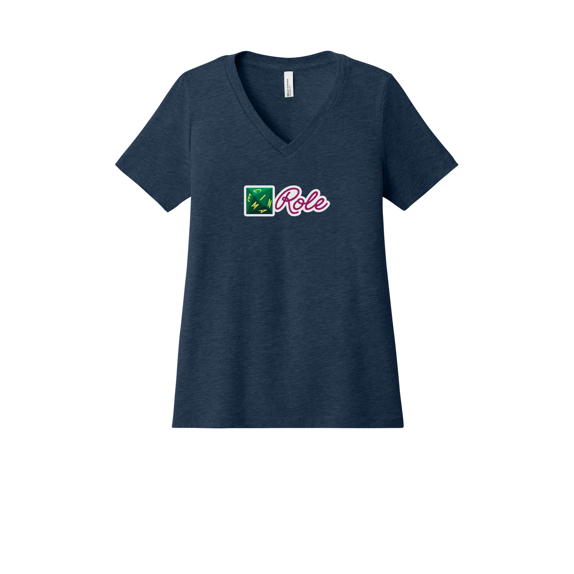 cinemarole-womens-relaxed-v-neck-tee-dtf-front-6405CVC-heathernavy-flat-front