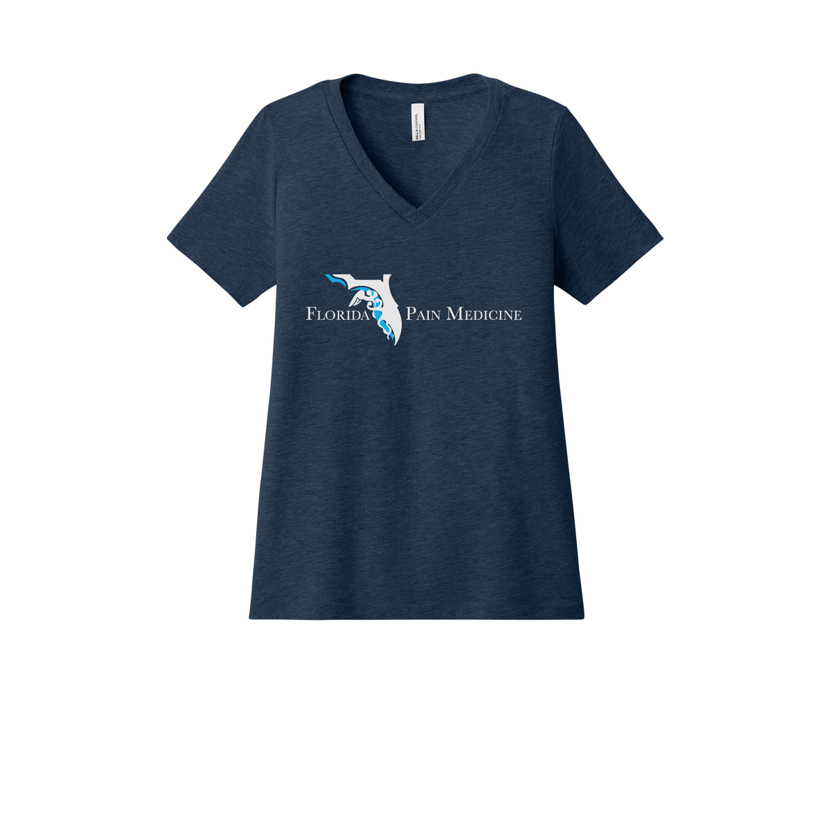 floridapainmedicine-womens-relaxed-v-neck-tee-dtf-front-6405CVC-heathernavy-flat-front