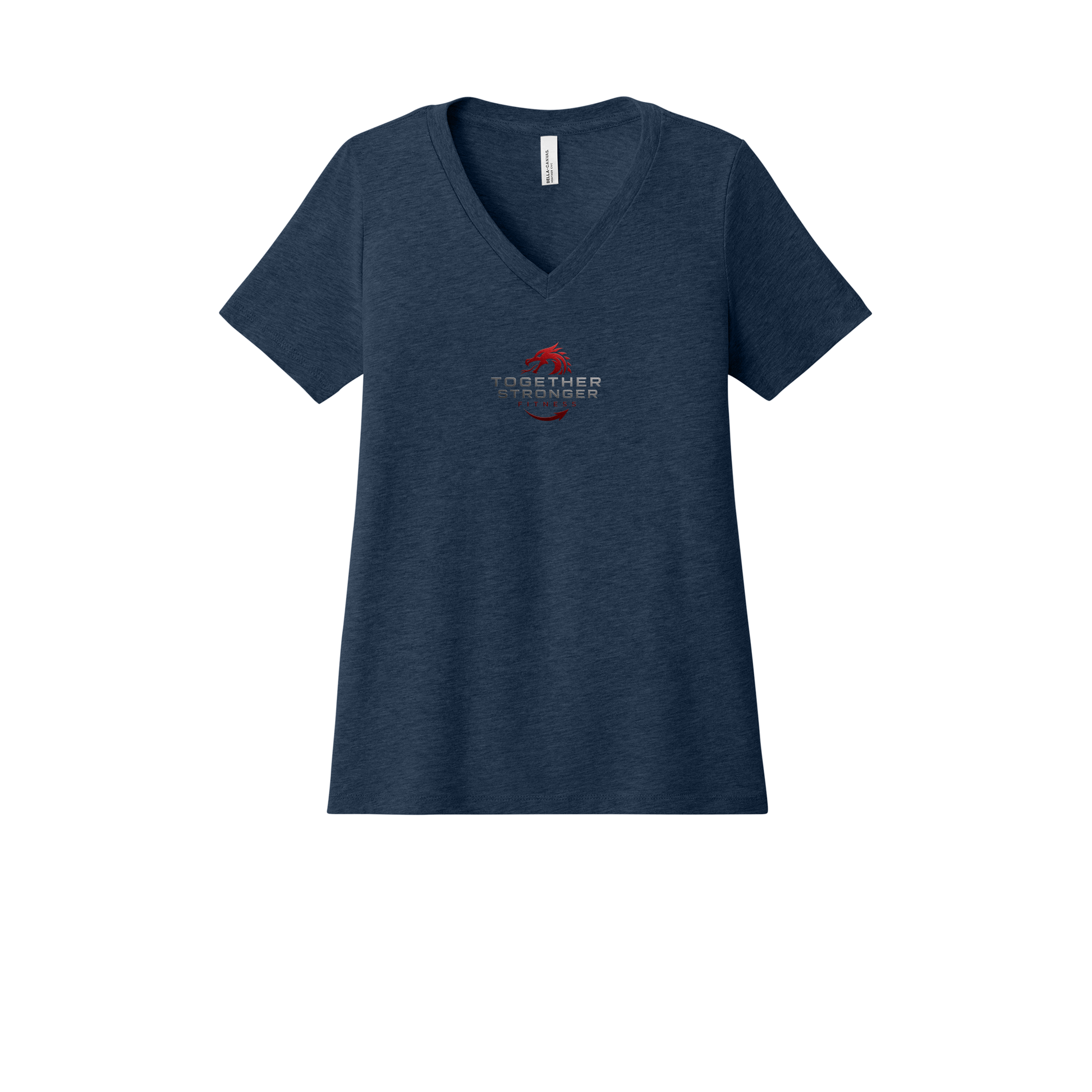 togetherstrongerfitness-womens-relaxed-v-neck-tee-dtf-front-6405CVC-heathernavy-flat-front