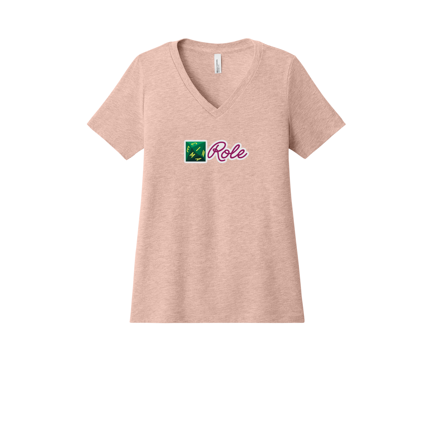 cinemarole-womens-relaxed-v-neck-tee-dtf-front-6405CVC-heatherpeach-flat-front
