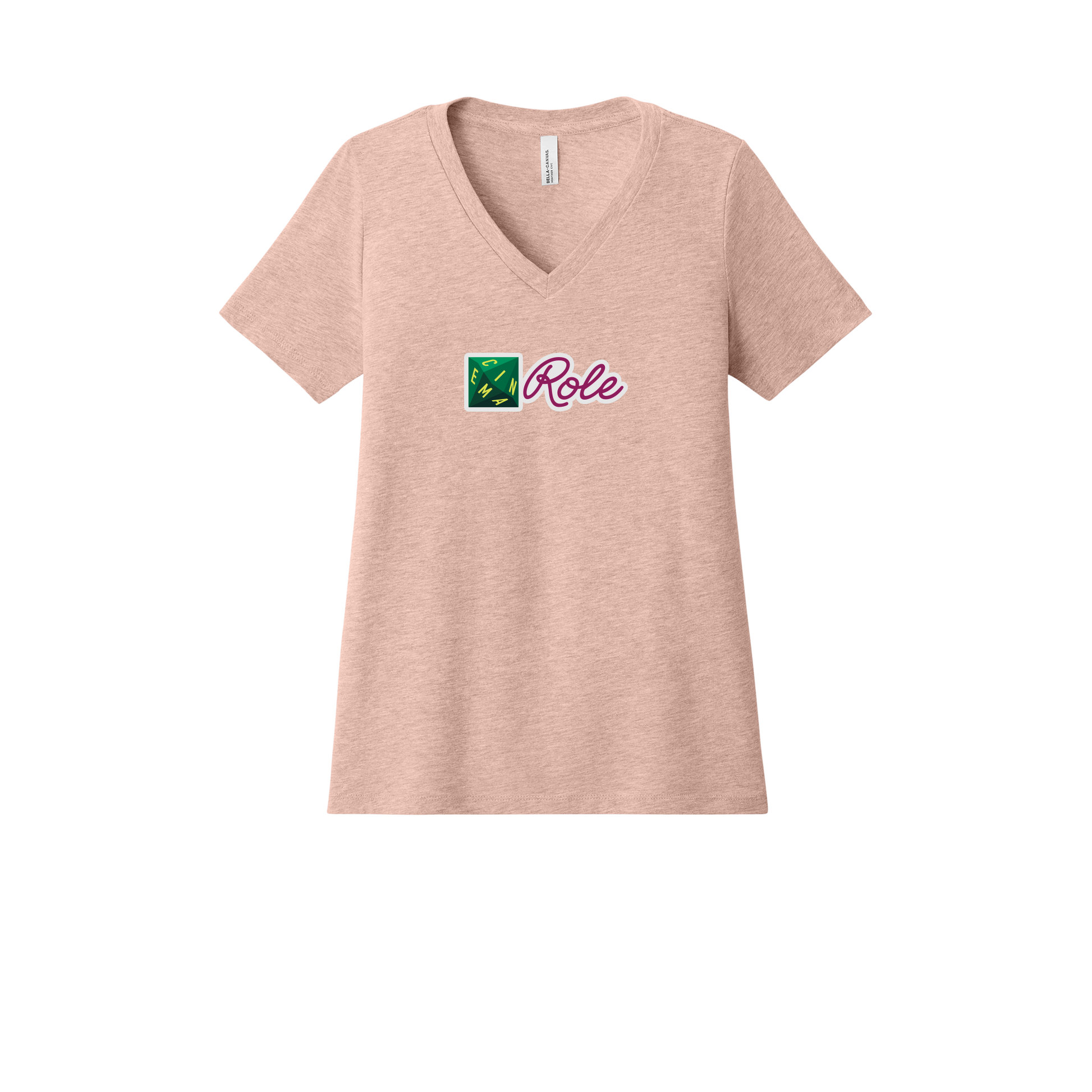 cinemarole-womens-relaxed-v-neck-tee-dtf-front-6405CVC-heatherpeach-flat-front