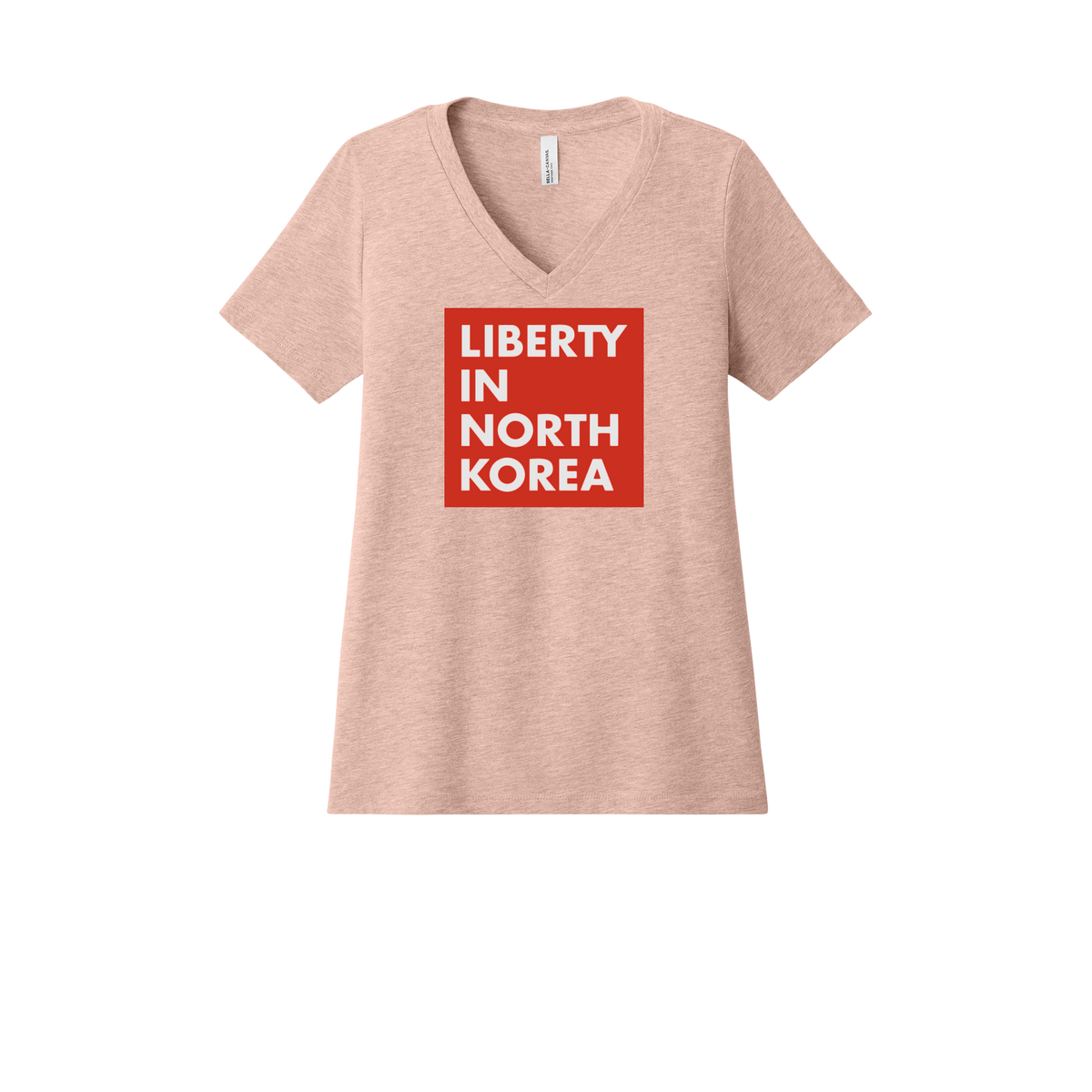 libertyinnorthkorea-womens-relaxed-v-neck-tee-dtf-front-6405CVC-heatherpeach-flat-front