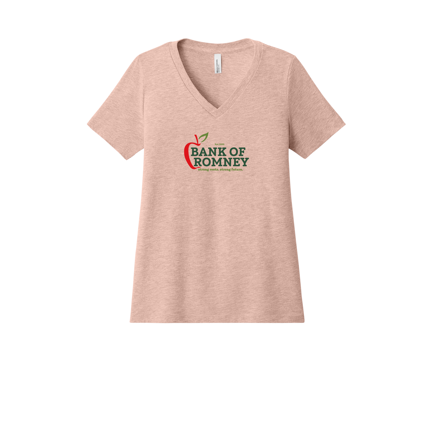 bankofromney-womens-relaxed-v-neck-tee-dtf-front-6405CVC-heatherpeach-flat-front