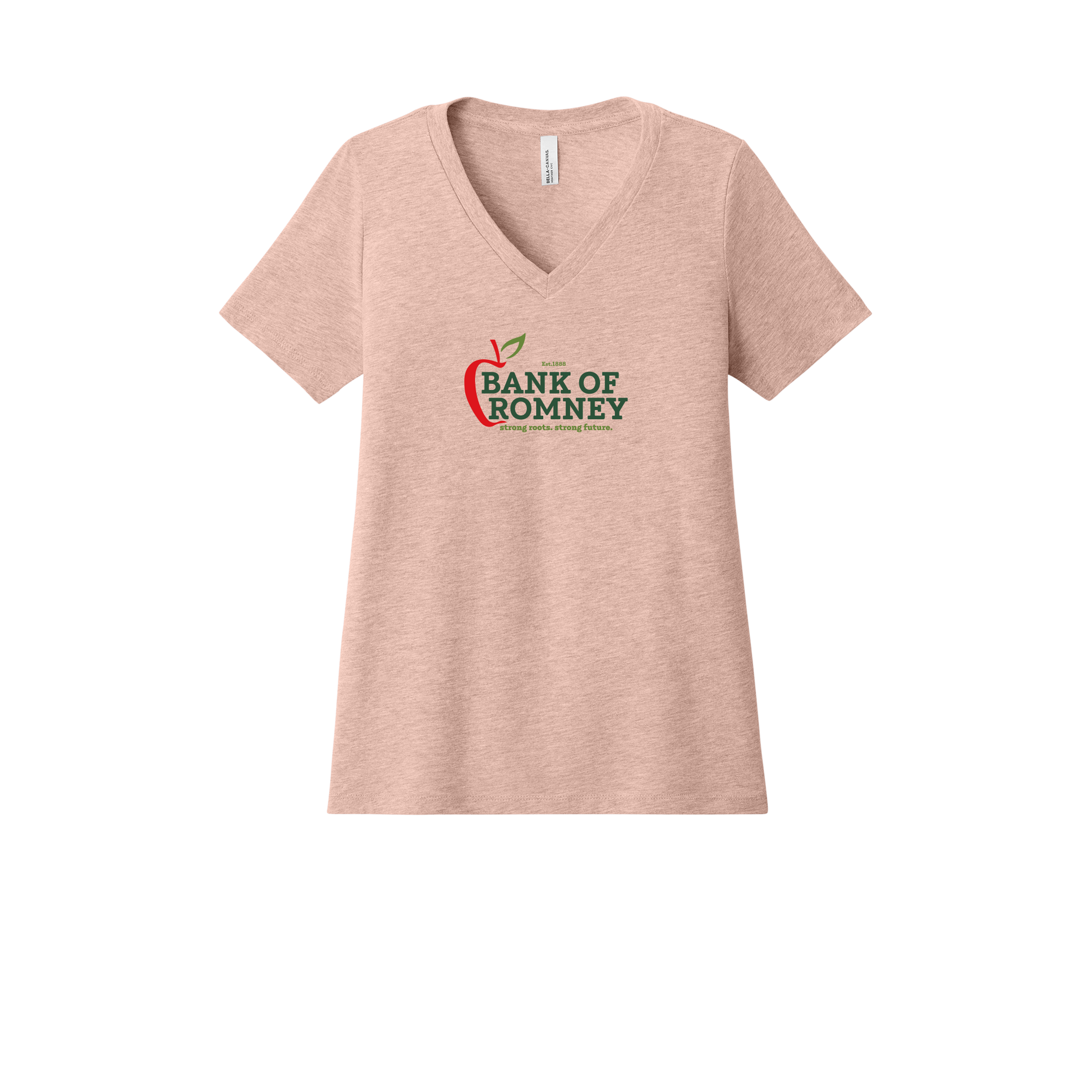 bankofromney-womens-relaxed-v-neck-tee-dtf-front-6405CVC-heatherpeach-flat-front