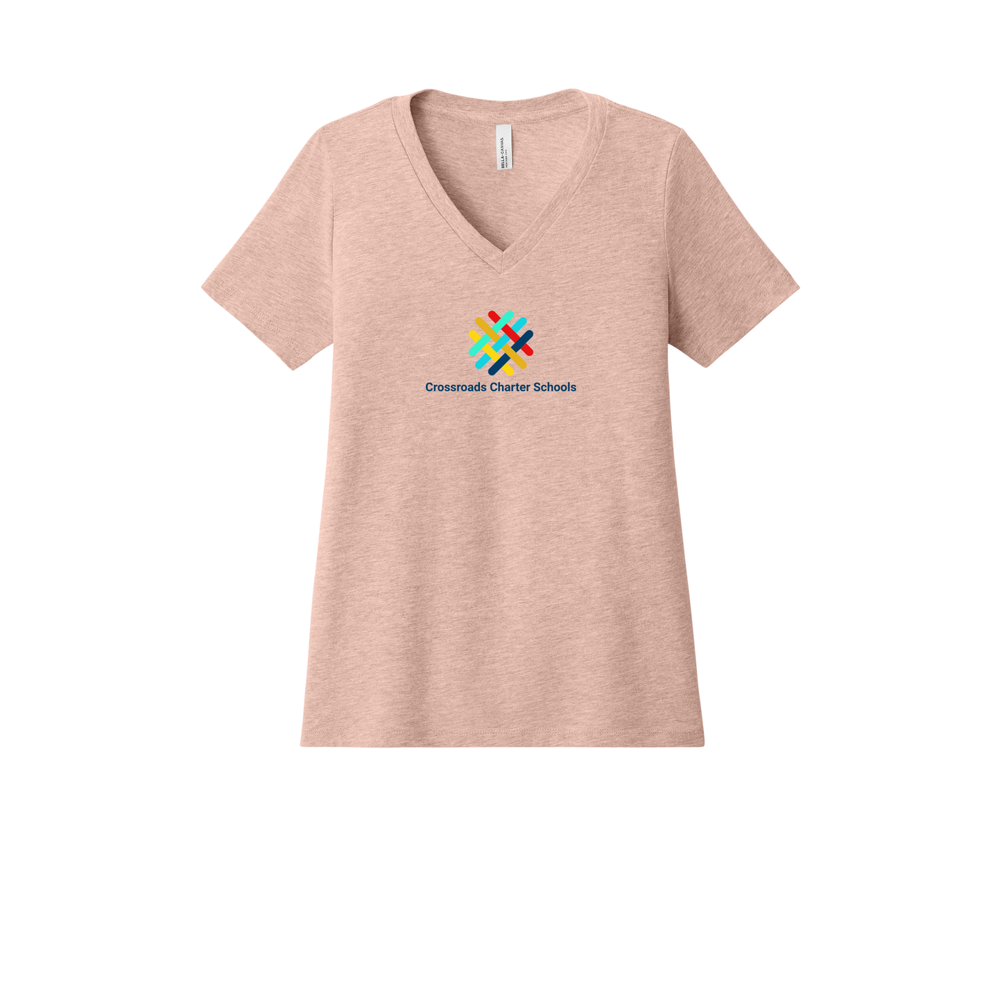 crossroadsschoolskc-womens-relaxed-v-neck-tee-dtf-front-6405CVC-heatherpeach-flat-front