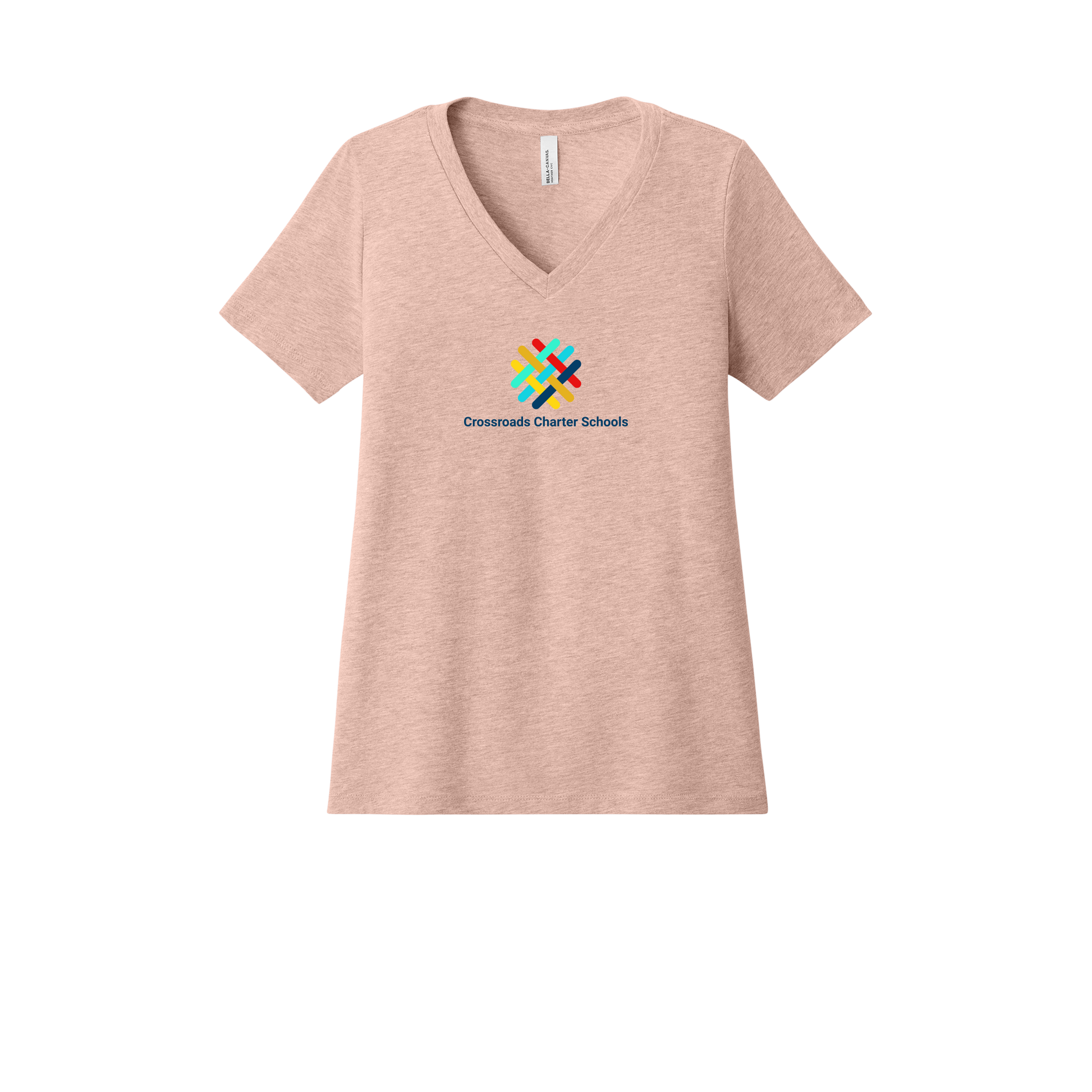 crossroadsschoolskc-womens-relaxed-v-neck-tee-dtf-front-6405CVC-heatherpeach-flat-front