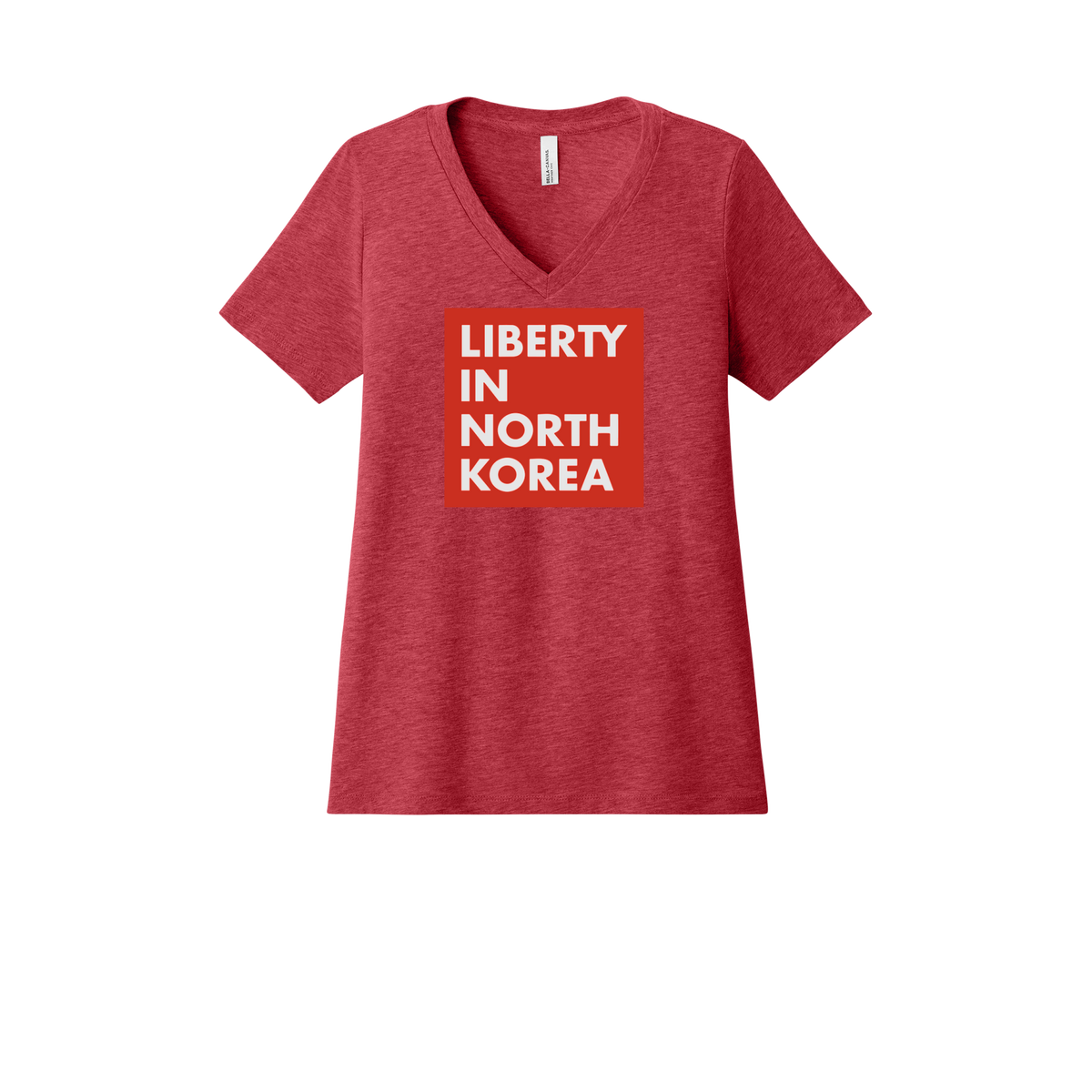 libertyinnorthkorea-womens-relaxed-v-neck-tee-dtf-front-6405CVC-heatherred-flat-front