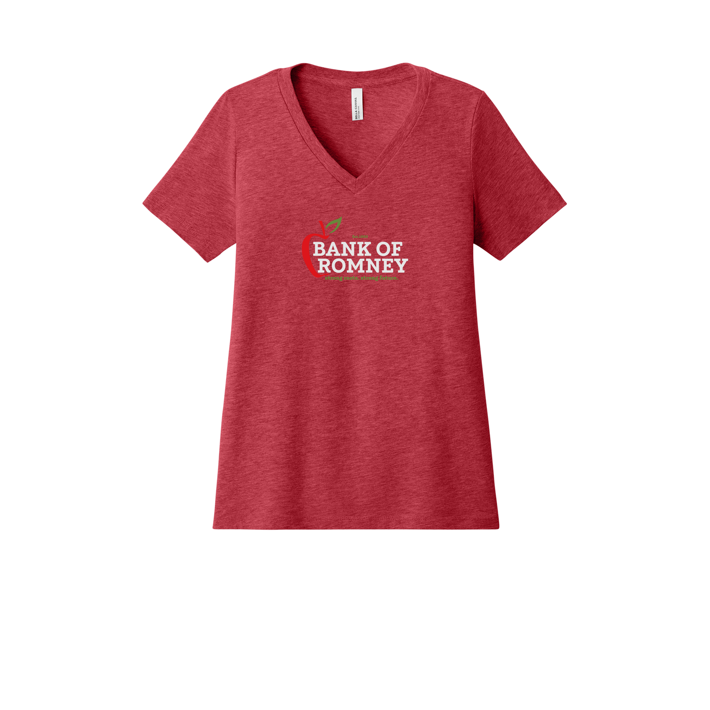 bankofromney-womens-relaxed-v-neck-tee-dtf-front-6405CVC-heatherred-flat-front