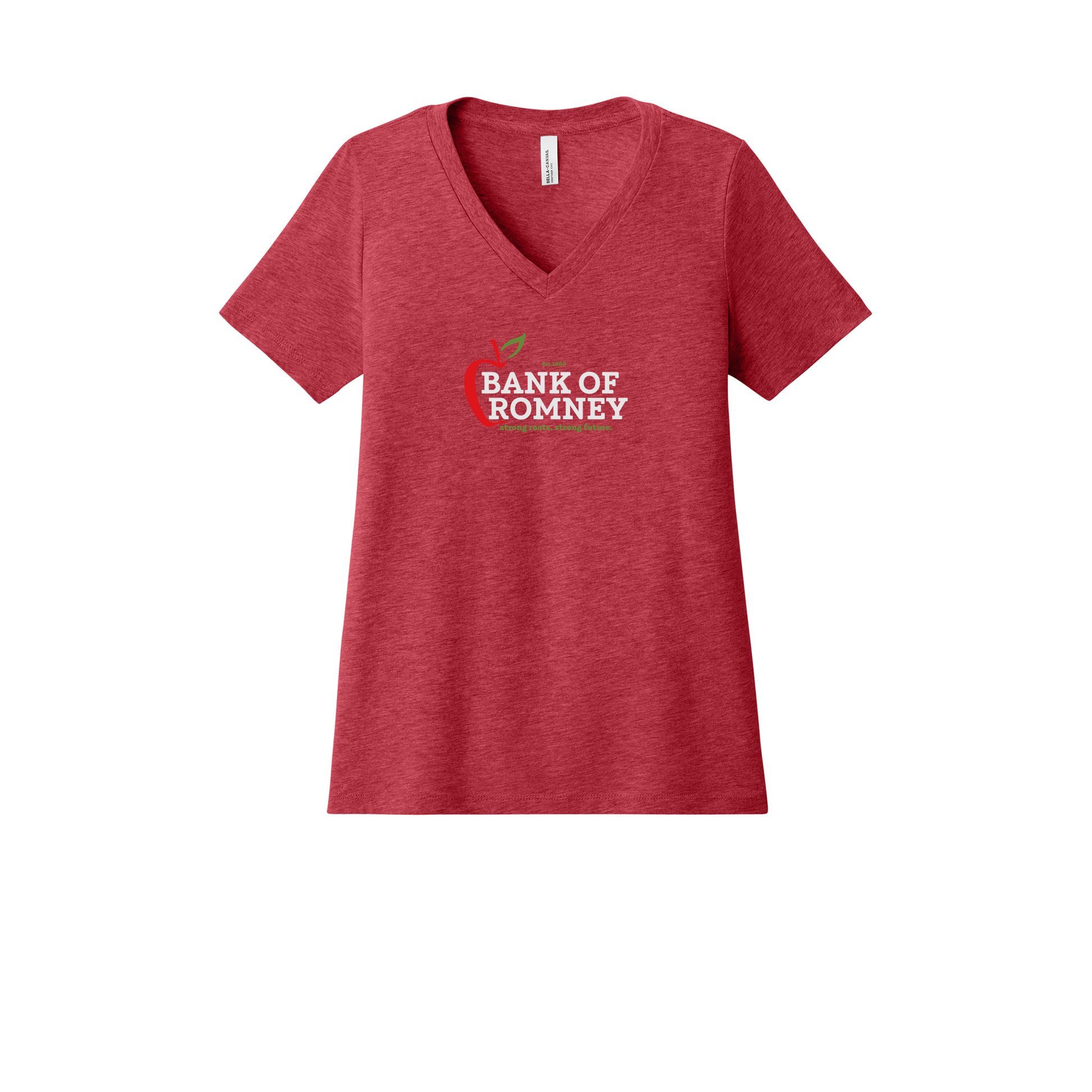 bankofromney-womens-relaxed-v-neck-tee-dtf-front-6405CVC-heatherred-flat-front