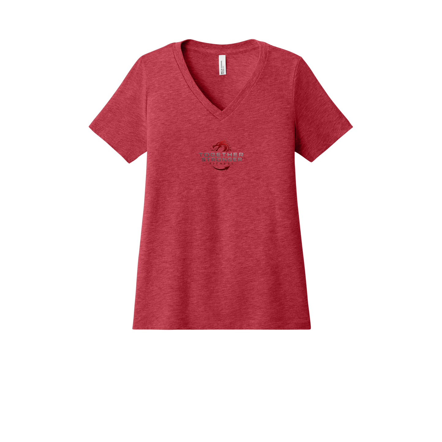 togetherstrongerfitness-womens-relaxed-v-neck-tee-dtf-front-6405CVC-heatherred-flat-front