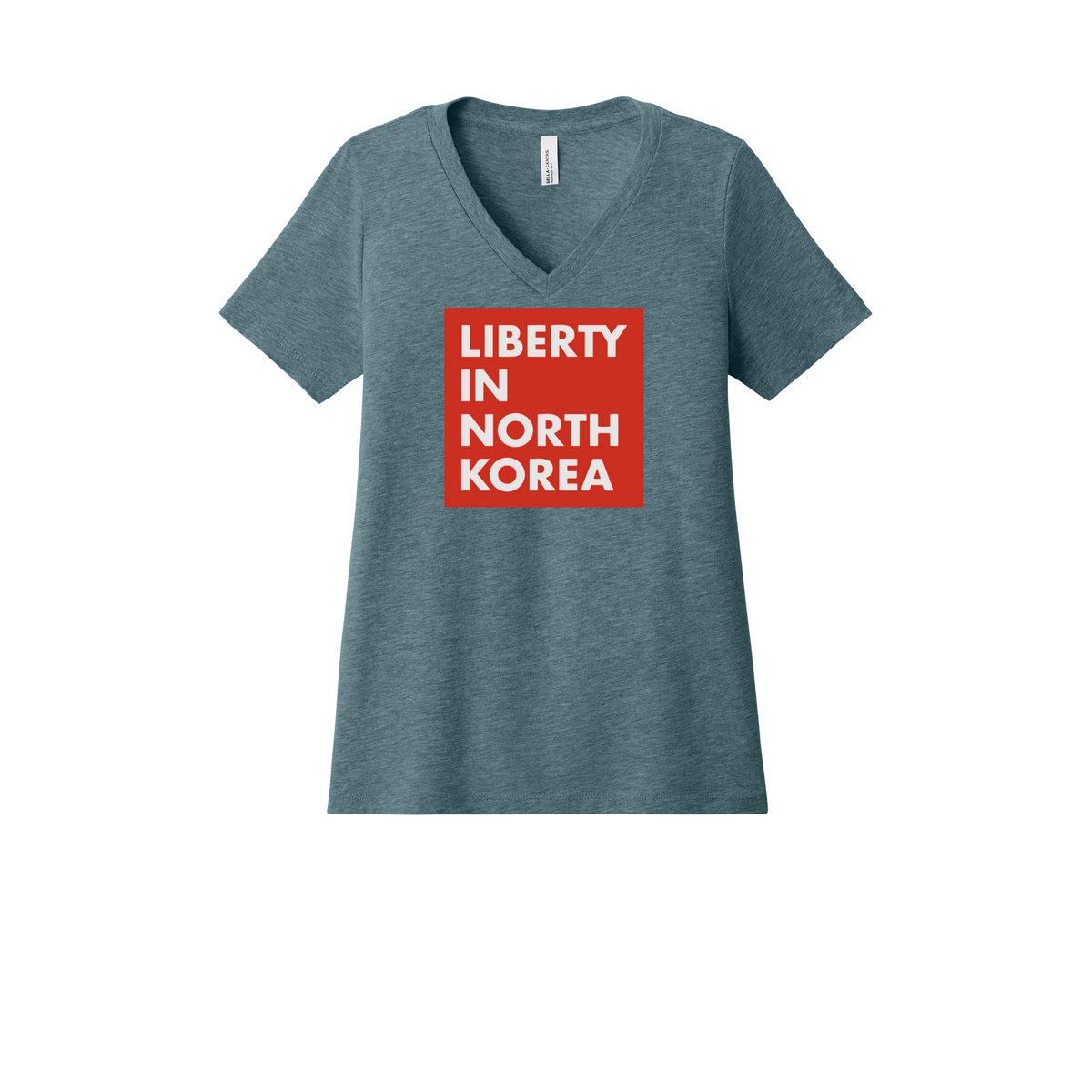 libertyinnorthkorea-womens-relaxed-v-neck-tee-dtf-front-6405CVC-heatherslate-flat-front