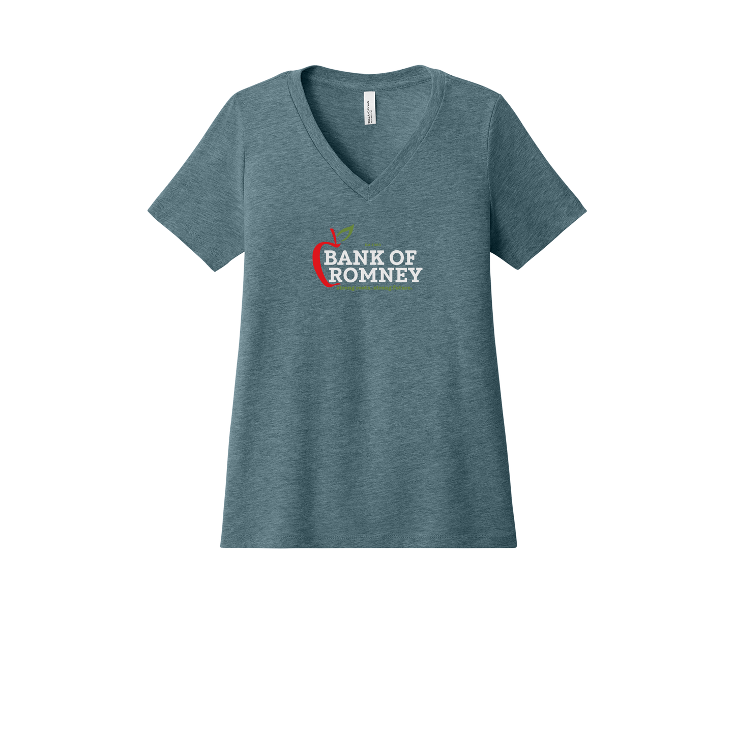 bankofromney-womens-relaxed-v-neck-tee-dtf-front-6405CVC-heatherslate-flat-front