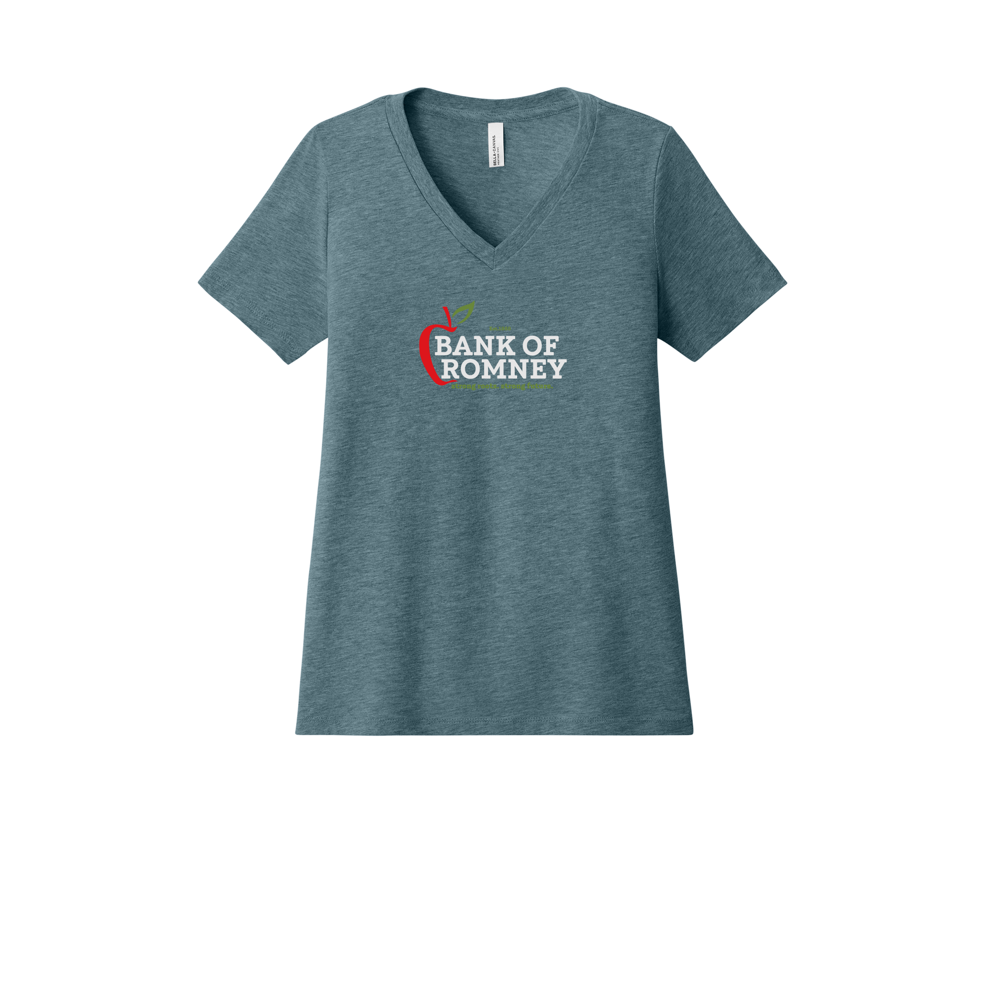 bankofromney-womens-relaxed-v-neck-tee-dtf-front-6405CVC-heatherslate-flat-front