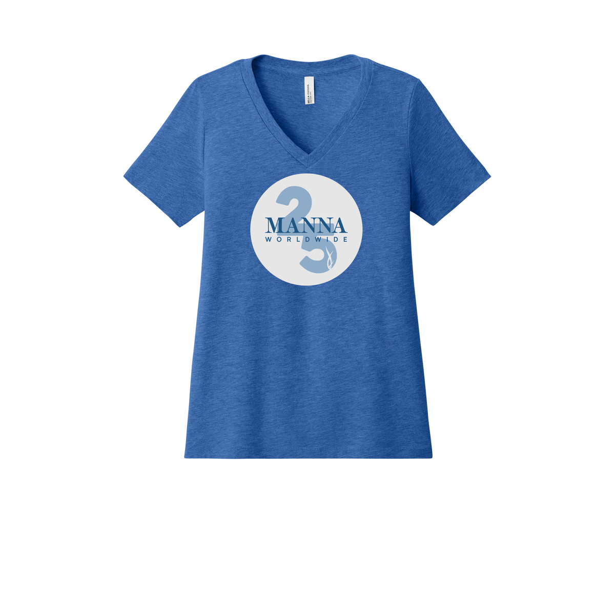 mannaworldwide-womens-relaxed-v-neck-tee-dtf-front-6405CVC-heathertrueroyal-flat-front