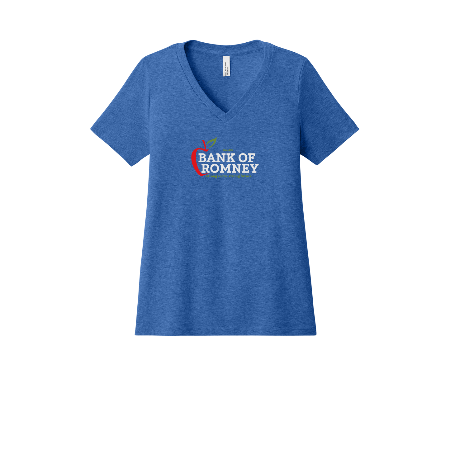 bankofromney-womens-relaxed-v-neck-tee-dtf-front-6405CVC-heathertrueroyal-flat-front
