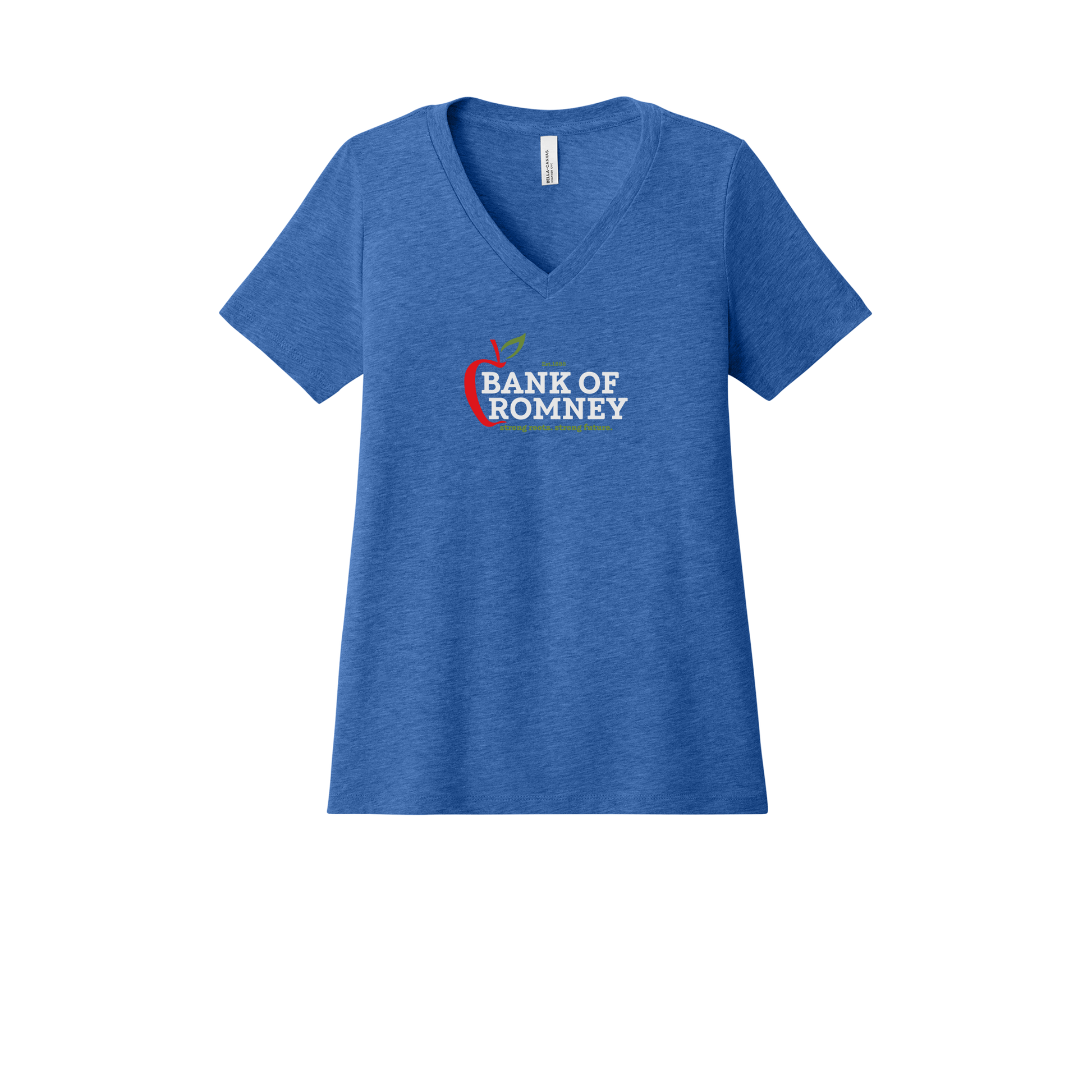 bankofromney-womens-relaxed-v-neck-tee-dtf-front-6405CVC-heathertrueroyal-flat-front